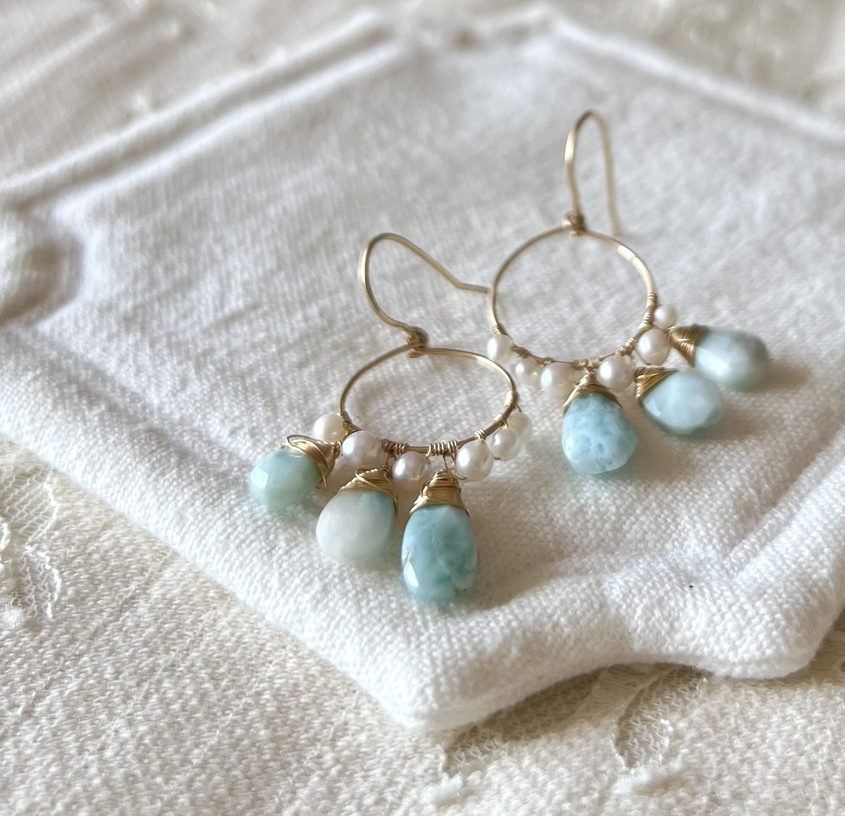 ミニフープピアス／イヤリング【ラリマー＆淡水パール】14kgf