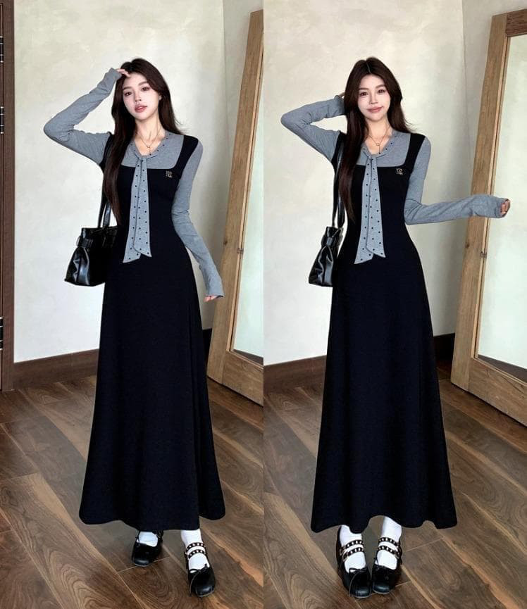 新品 大きいサイズ 秋冬 韓国風 黒 ロング ワンピース 重ね着風　ドット k