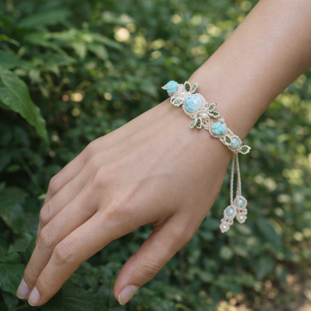 『ラリマー』青薔薇『アマゾナイト』生命の樹マクラメ編ブレスレット