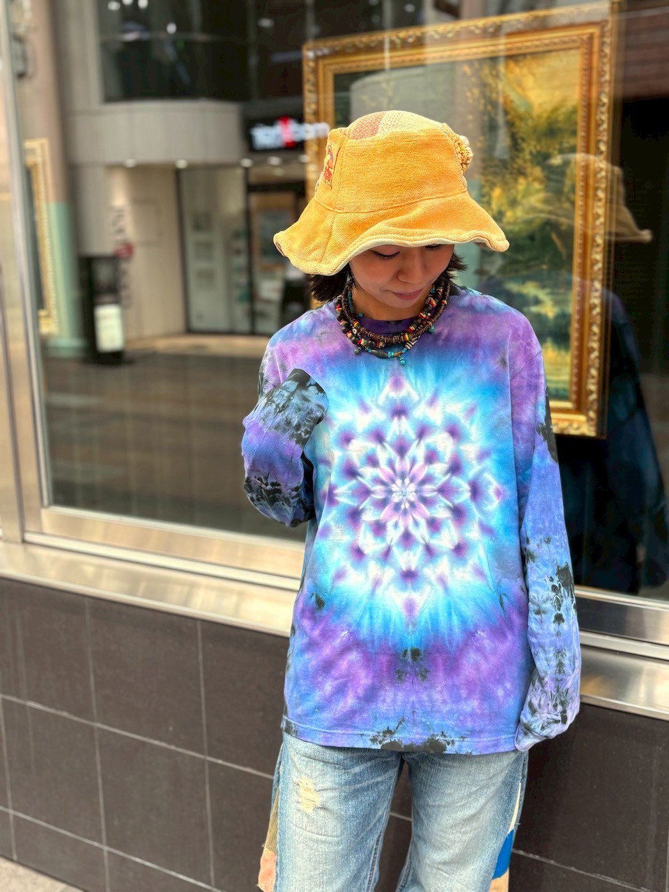 タイダイ 長袖 Tシャツ Mサイズ 曼荼羅 パープル×ブルー×ブラック HD25-43