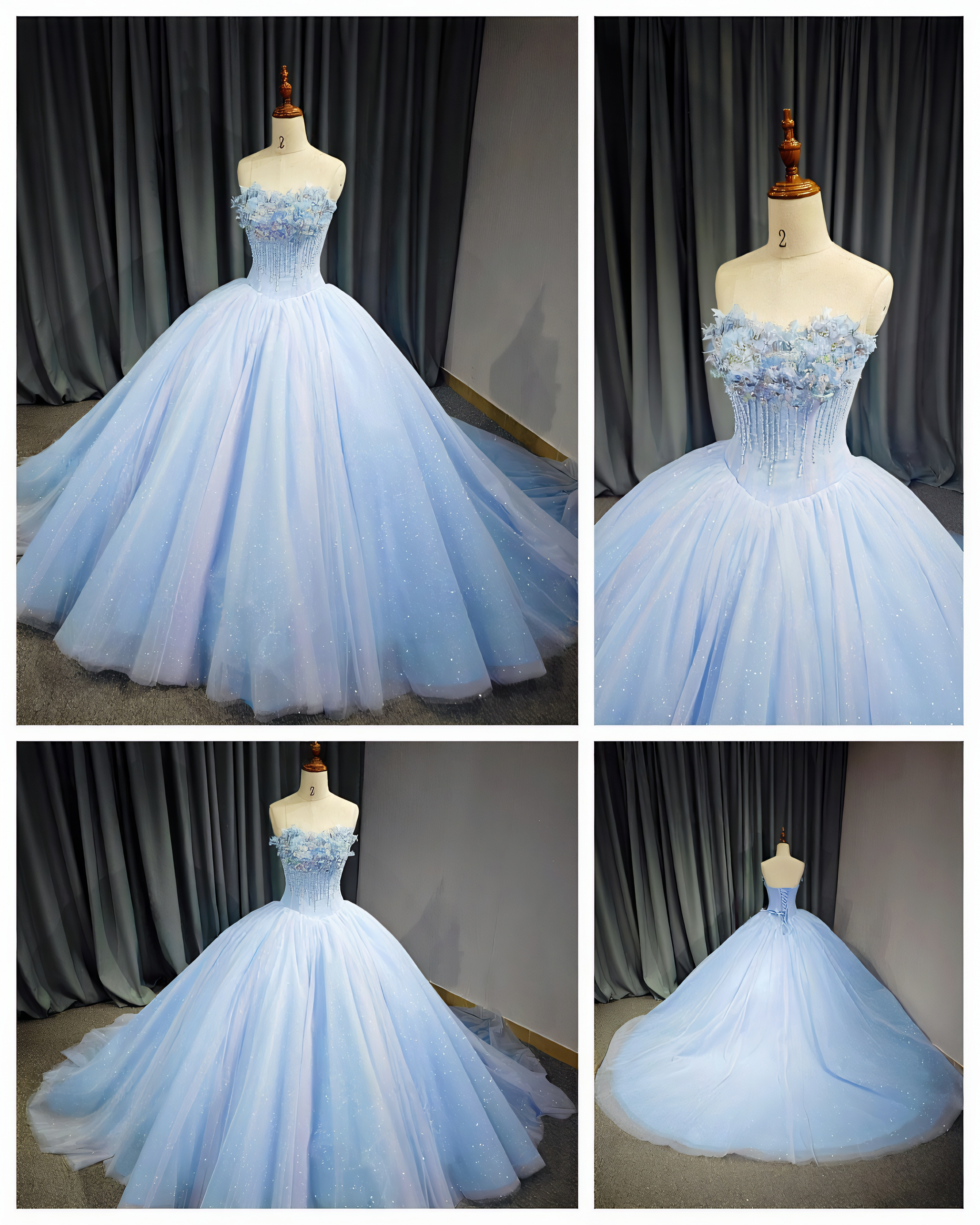 柔らかいブルー　チューブトップス　ふんわりチュール　お花飾り　トレーン　演奏会音楽会コンテスト成人式　カラードレスお姫様