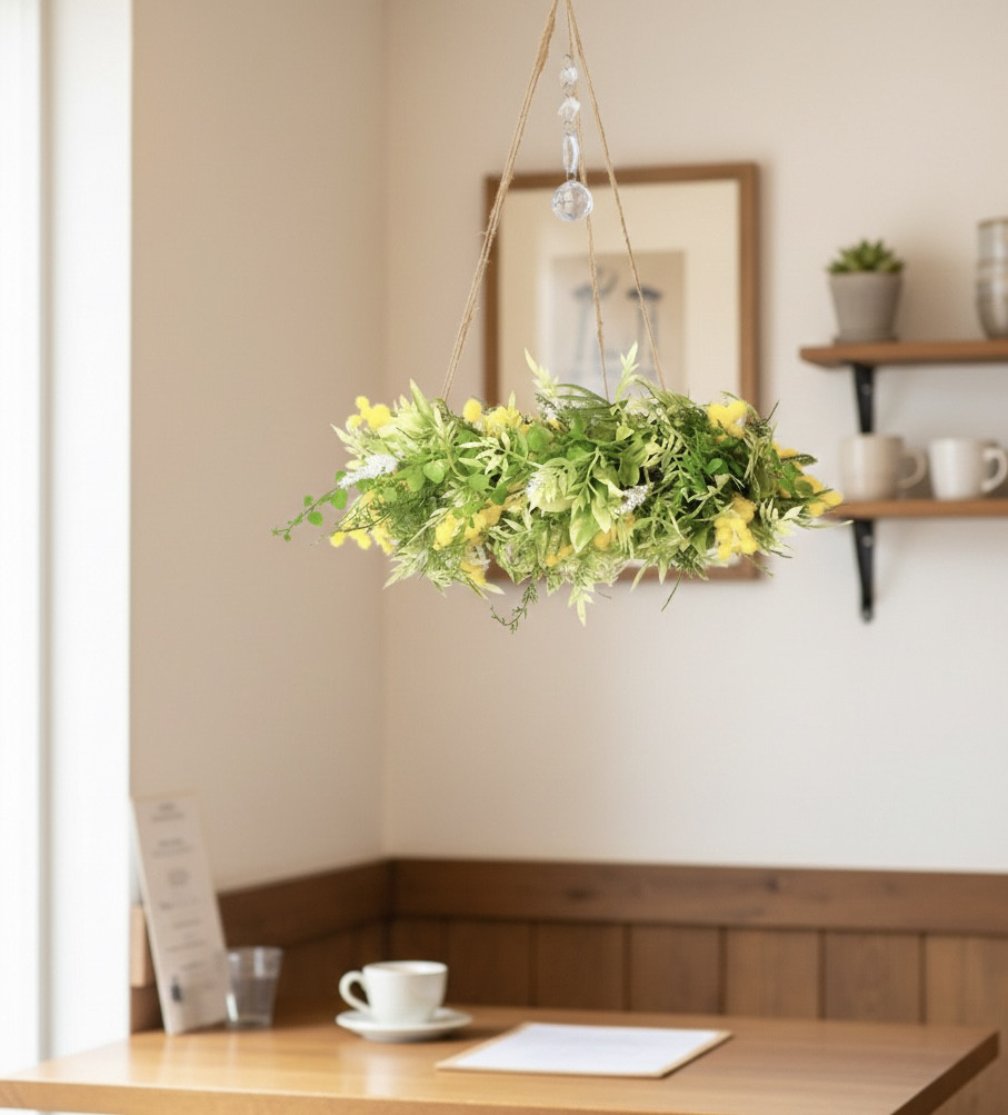 フライングリース　フェイクグリーン　ミモザ　サンキャッチャー　吊り下げ　光触媒　インテリア　春夏　爽やか