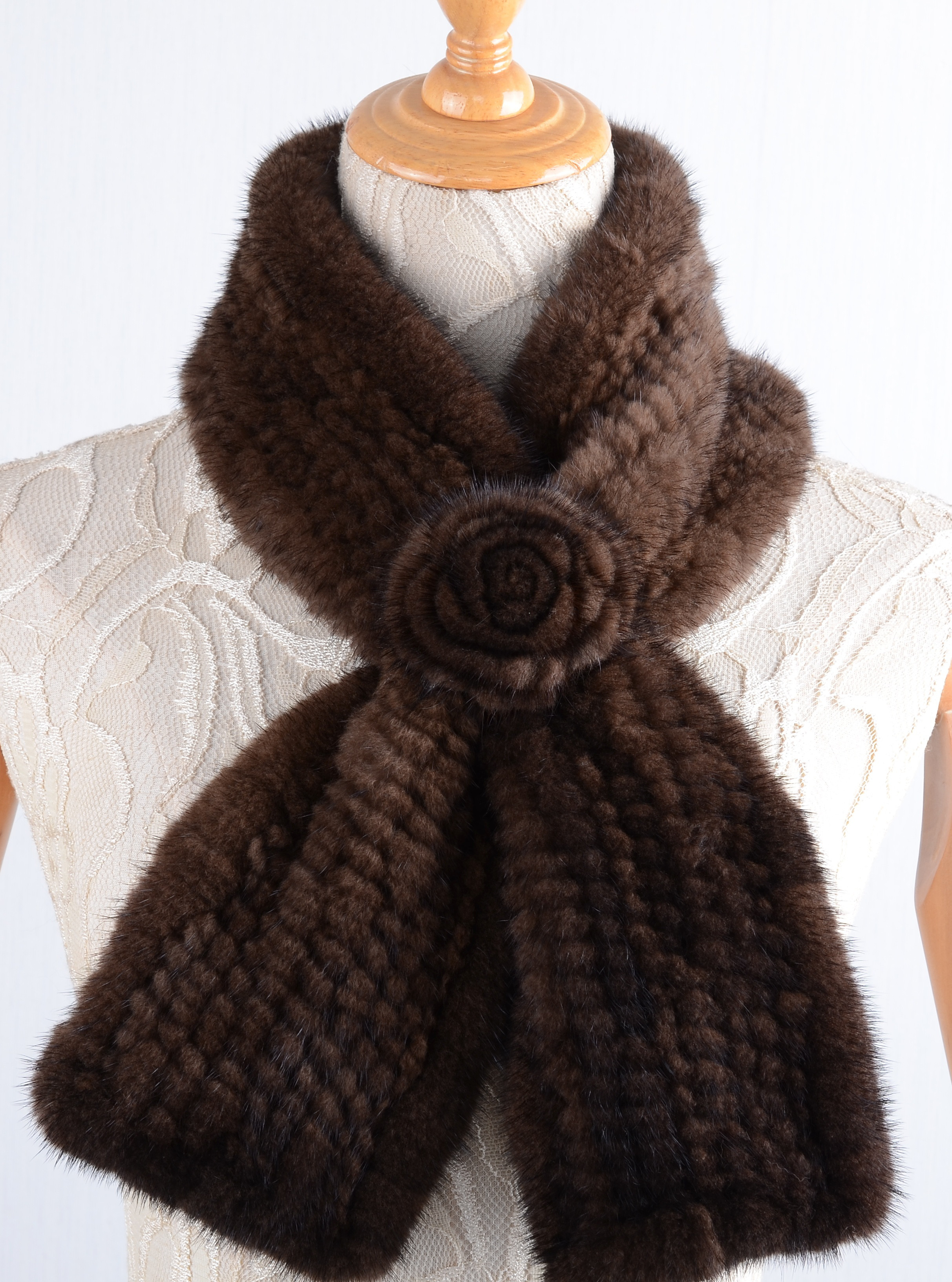 新品お花デザイン★上質なミンク編み込みマフラー茶毛皮リアルファーギフトプレゼント
