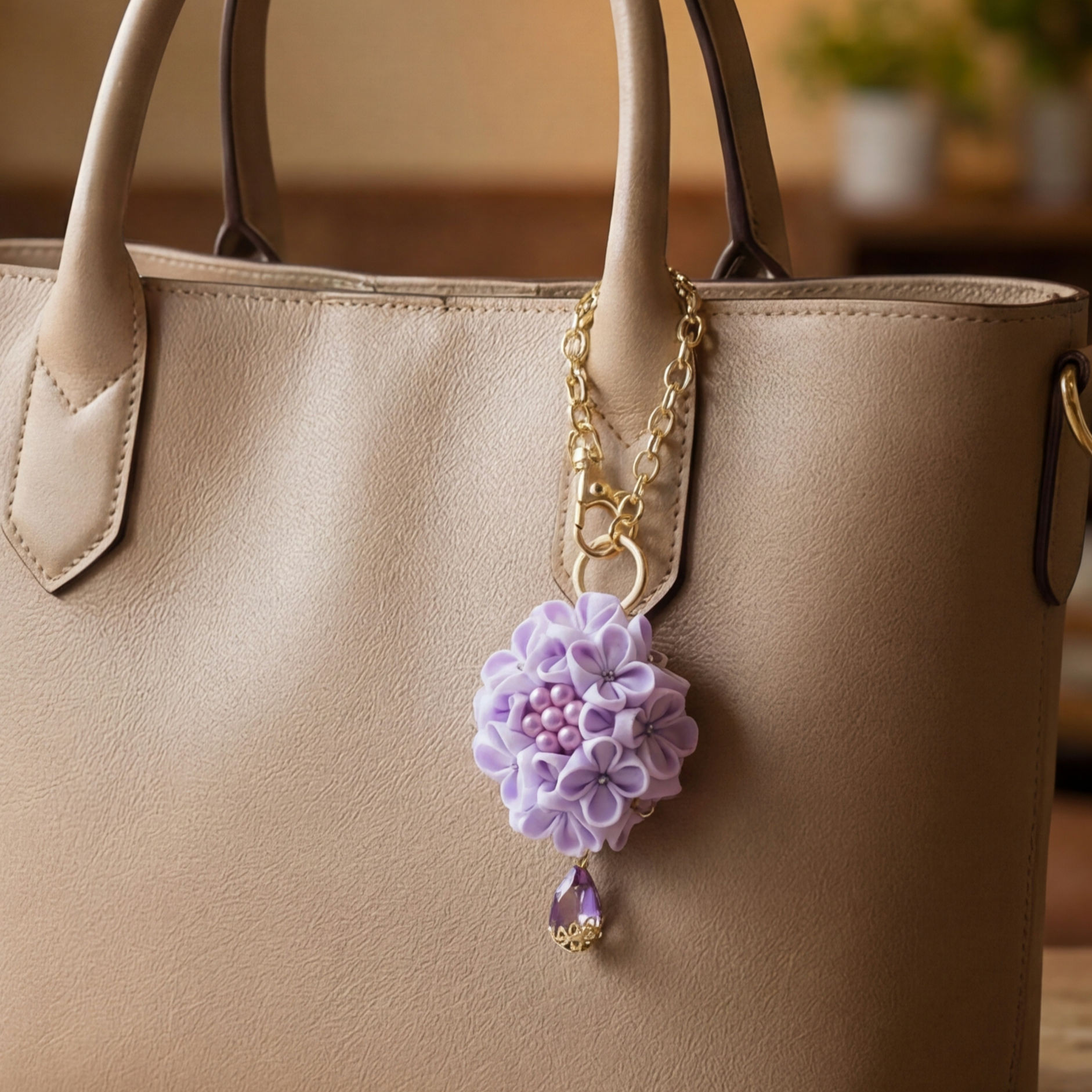 紫陽花のバッグチャーム  ――正絹羽二重のつまみ細工