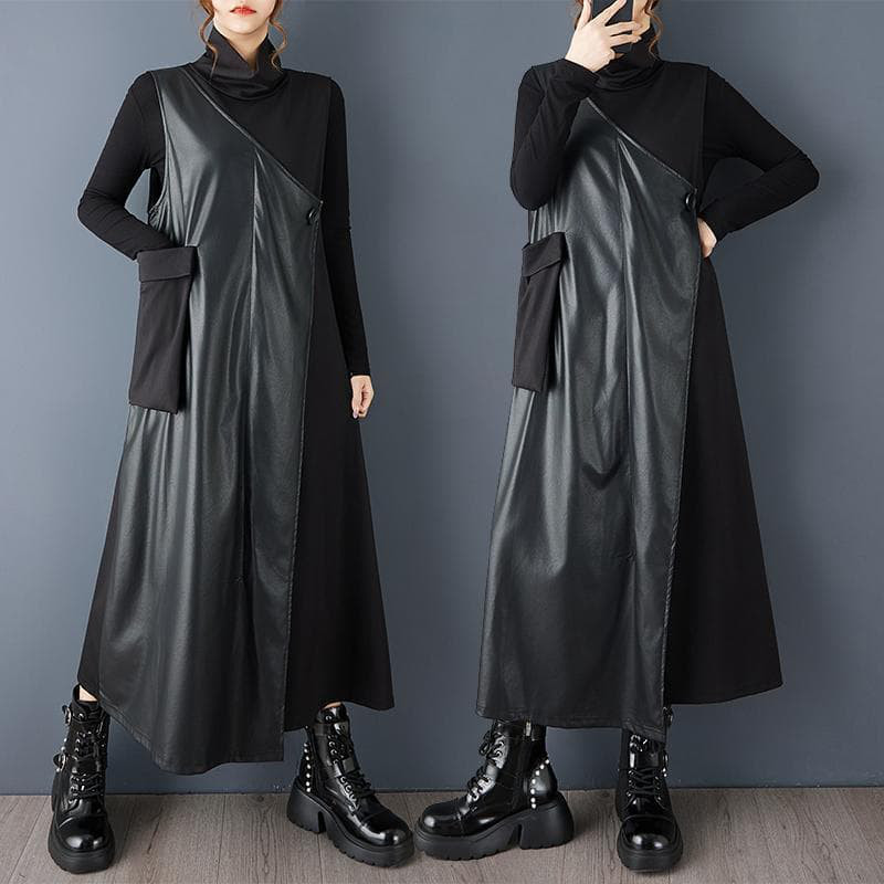 大きいサイズ 新品 秋冬 PUレザー ベスト ワンピース黒 レイヤード ロングr