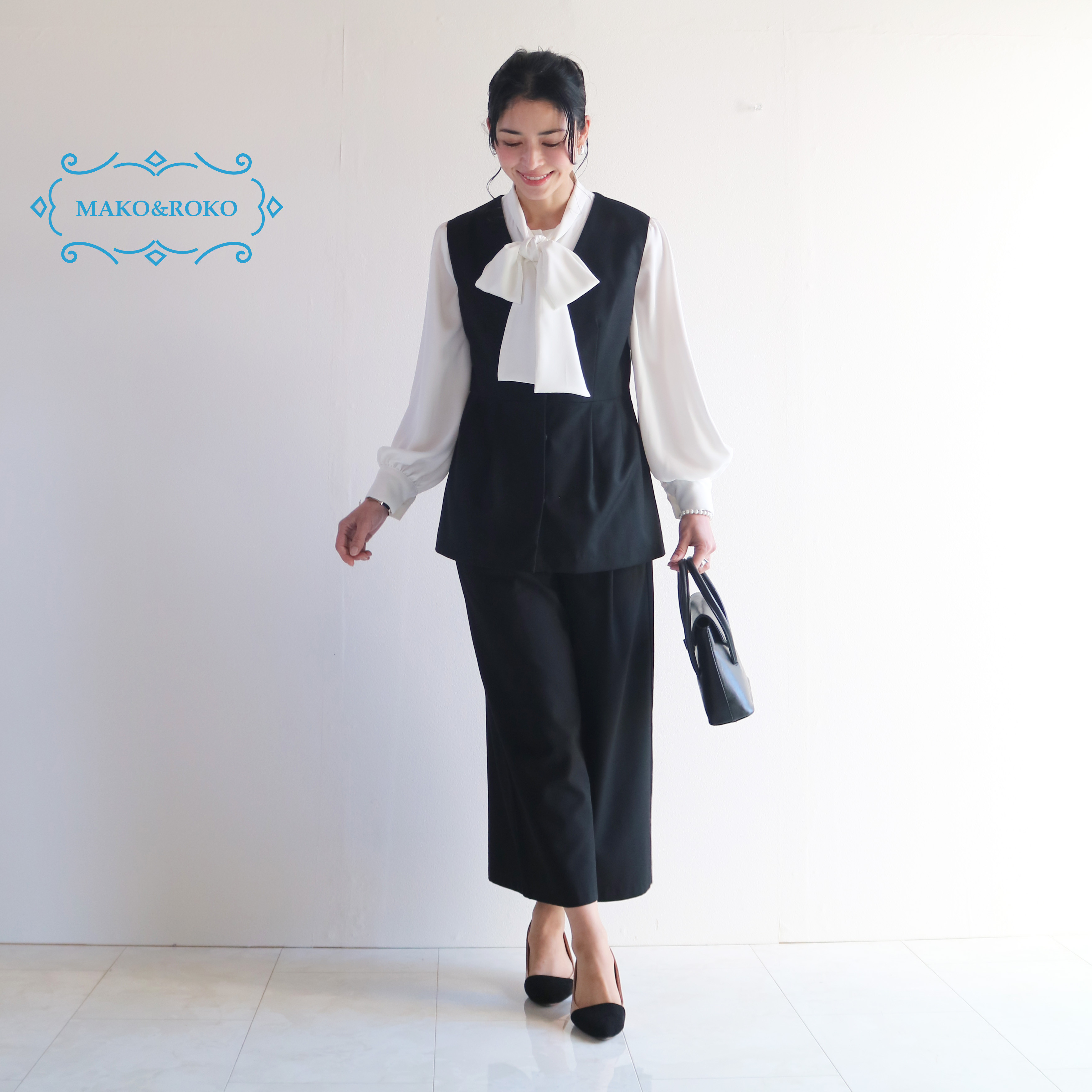 卒業式・入学式◎ 洗えるフォーマル3点セット 黒／ペプラムジレ×2wayブラウス×ワイドパンツ