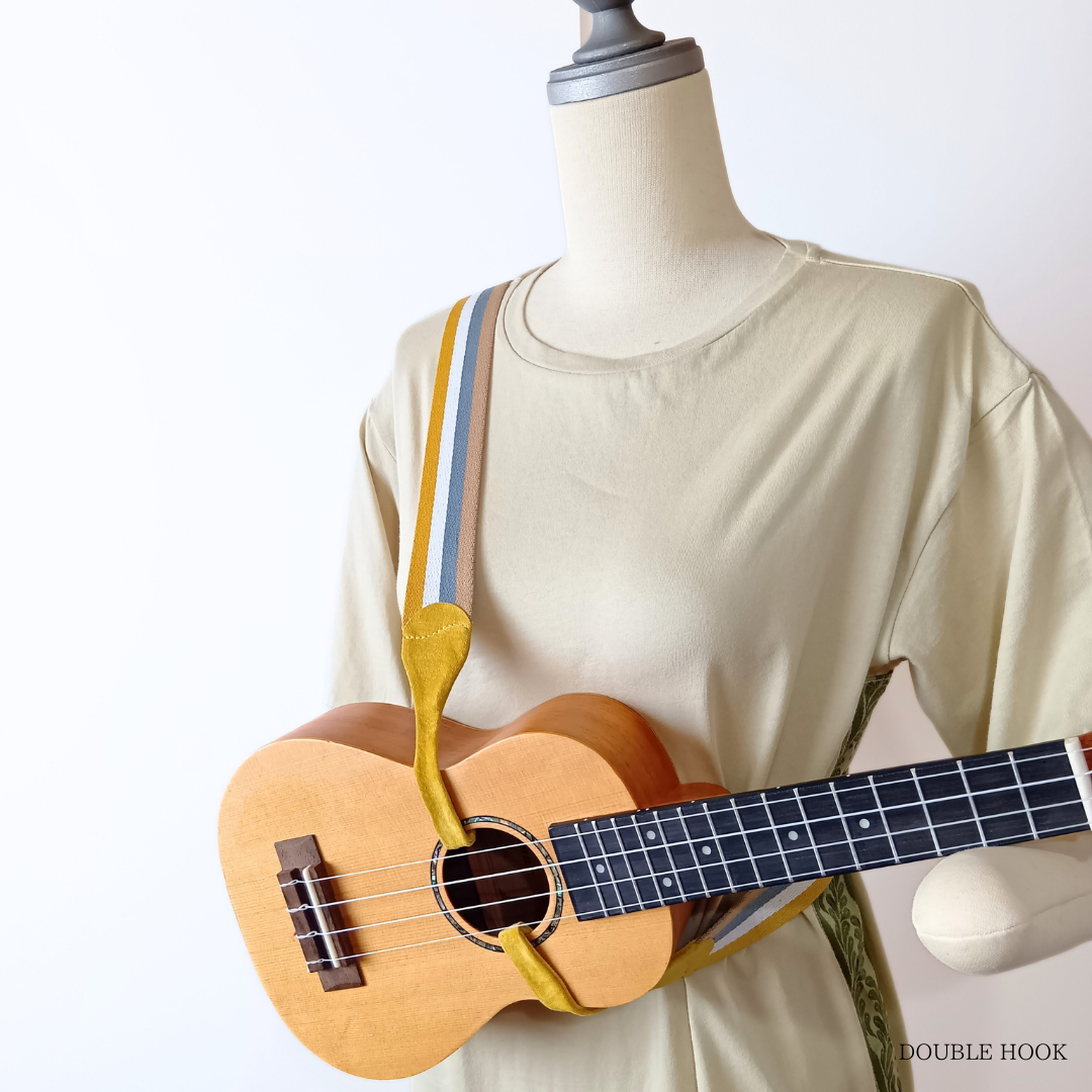 発表会でも安心。穴をあけずに使えるウクレレストラップ｜発表会＆プレゼントにおすすめ！4色のストライプ(イエロー)