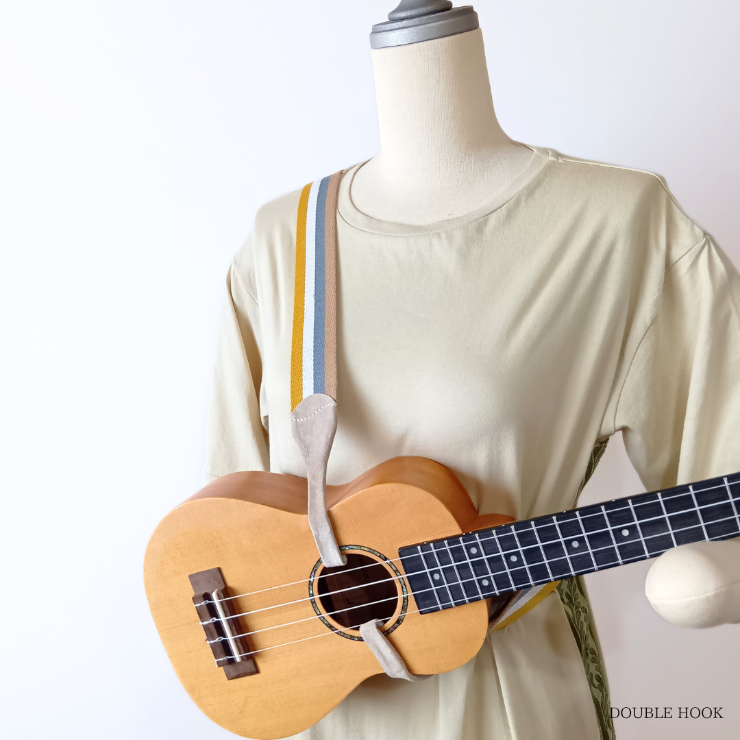 発表会でも安心。穴をあけずに使えるウクレレストラップ｜発表会＆プレゼントにおすすめ！4色のストライプ(イエロー)