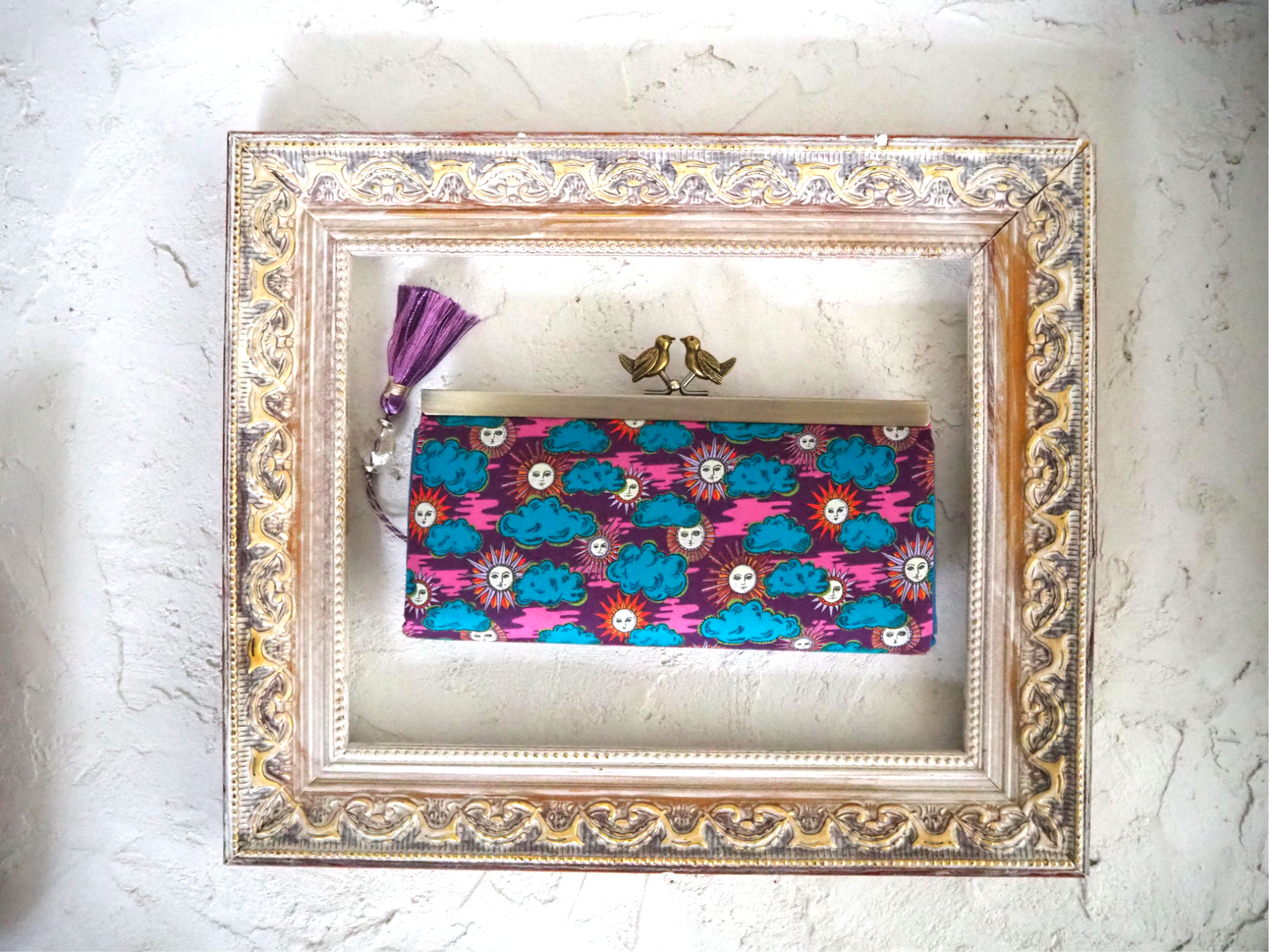 太陽と雲　パープル　がま口　蛇腹長財布