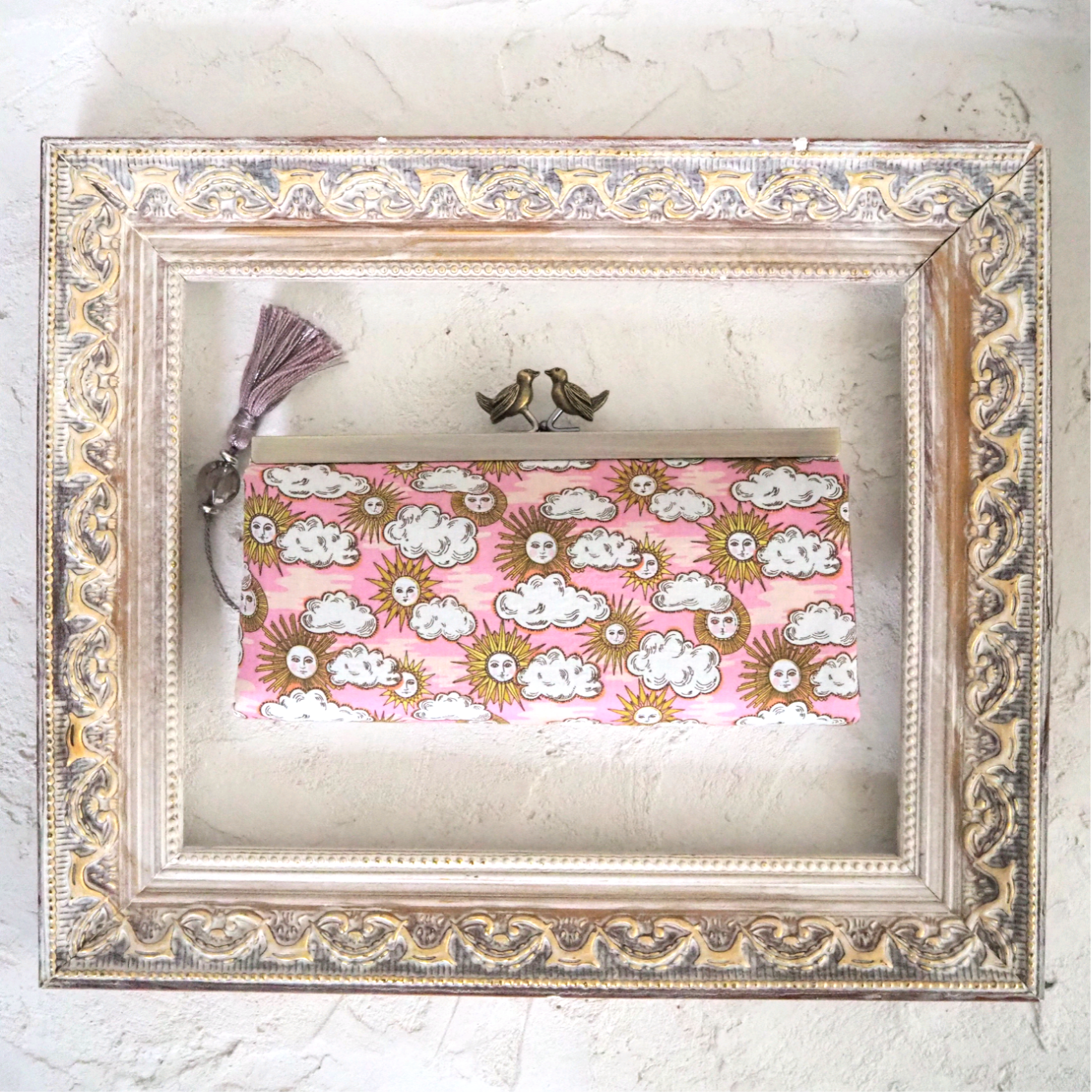 太陽と雲　ピンク　がま口　蛇腹　長財布