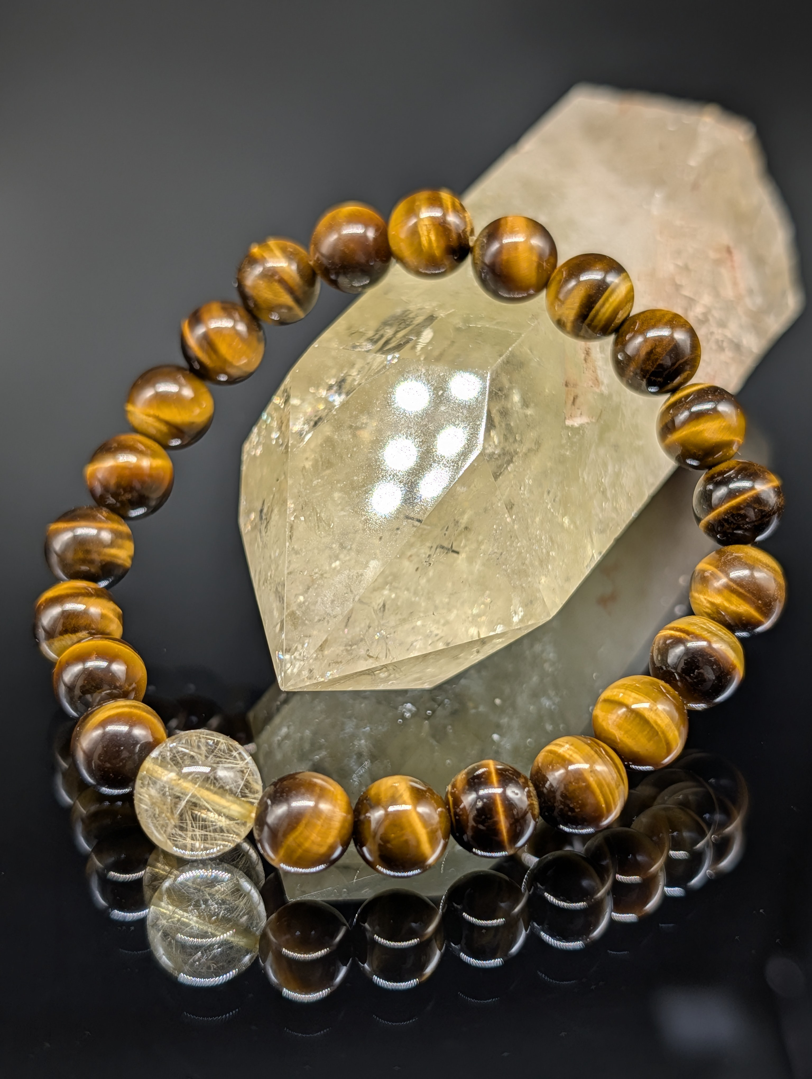 【幸運・金銭運・願望実現・直感力】ルチルクォーツ  イエロータイガーアイ 8mm 親玉10mm 高品質 ブレスレット