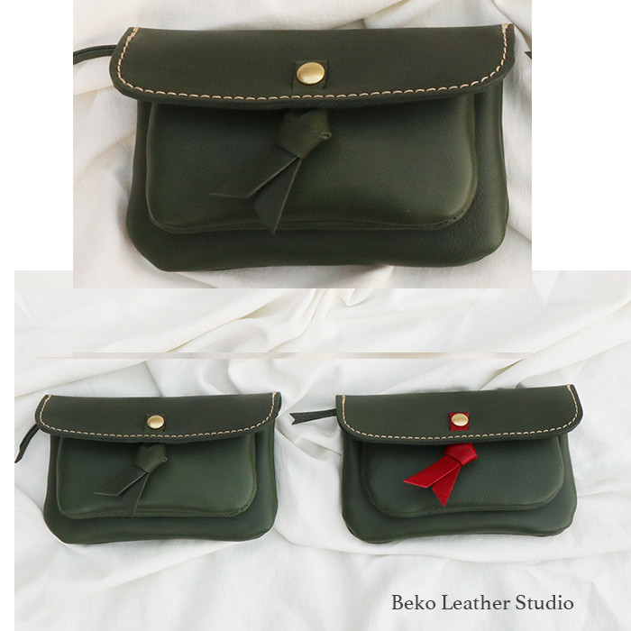 革リボンが可愛い本革の長財布/グリーンの革財布/2sou-robin-green