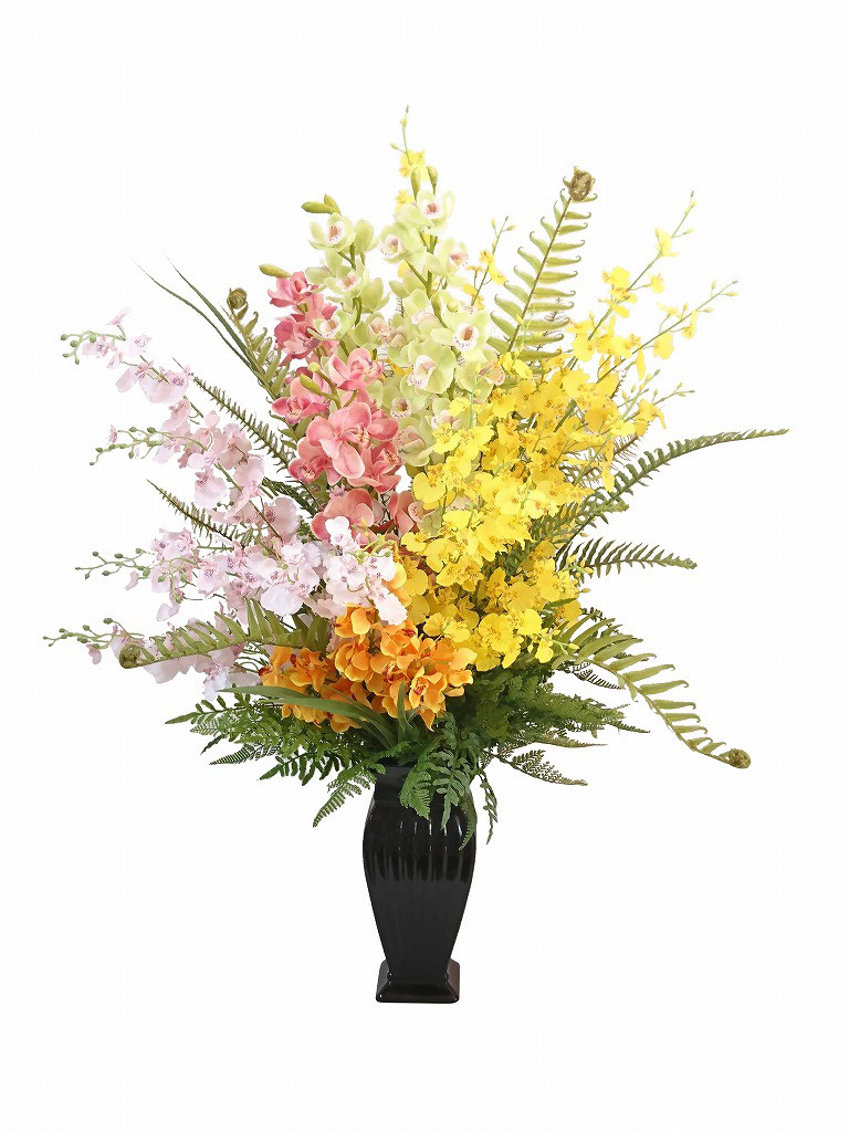 【華シリーズ】豪華な蘭尽くしのアレンジメント　高級造花　ランシンビジウム　胡蝶蘭　オンシジウム　ギフト　開店開業　新築祝