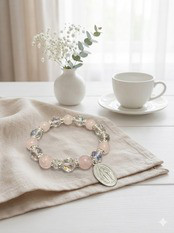 ローズクォーツとアクアオーラ水晶の「フランスメダイ教会のメダイ」ブレスレット