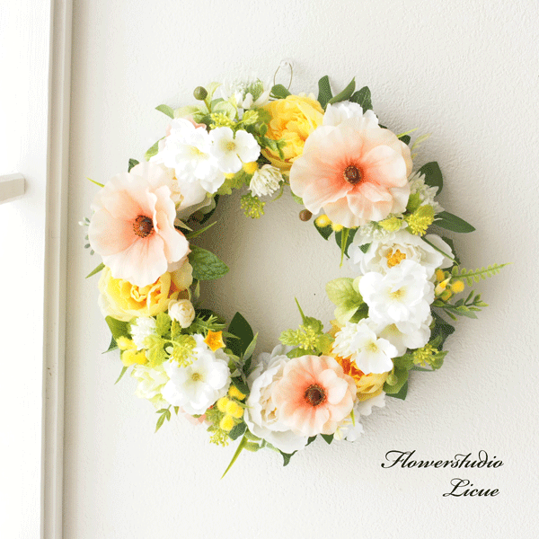 【リース】ラナンキュラスとバラの春色リース　アーティフィッシャルフラワー使用　直径25㎝