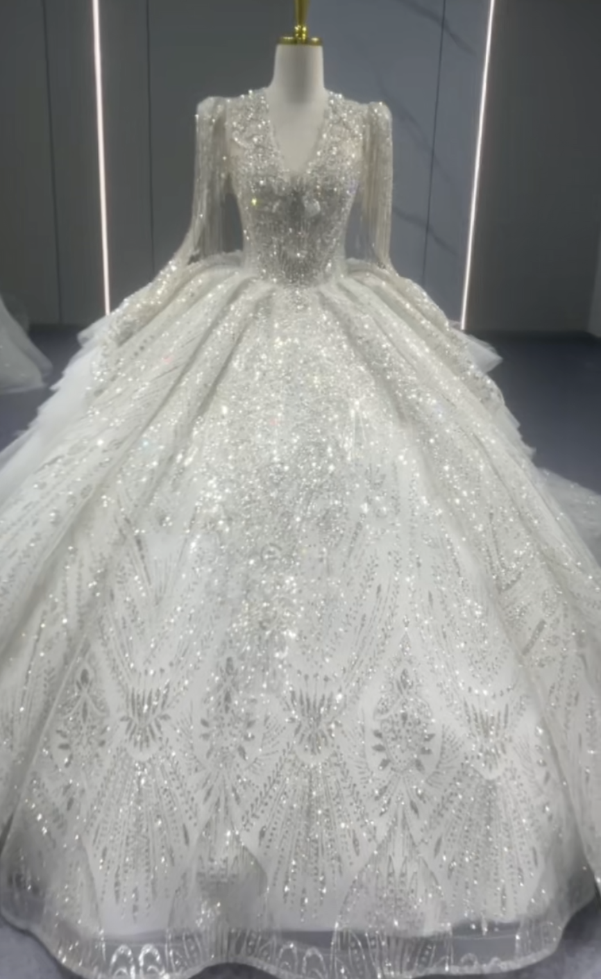 華やかなトレーン　半袖vネック　たっぷりなストーン　上品　蝶々　背中見せ　編み上げ　サイズオーダー可能ウェディングドレス