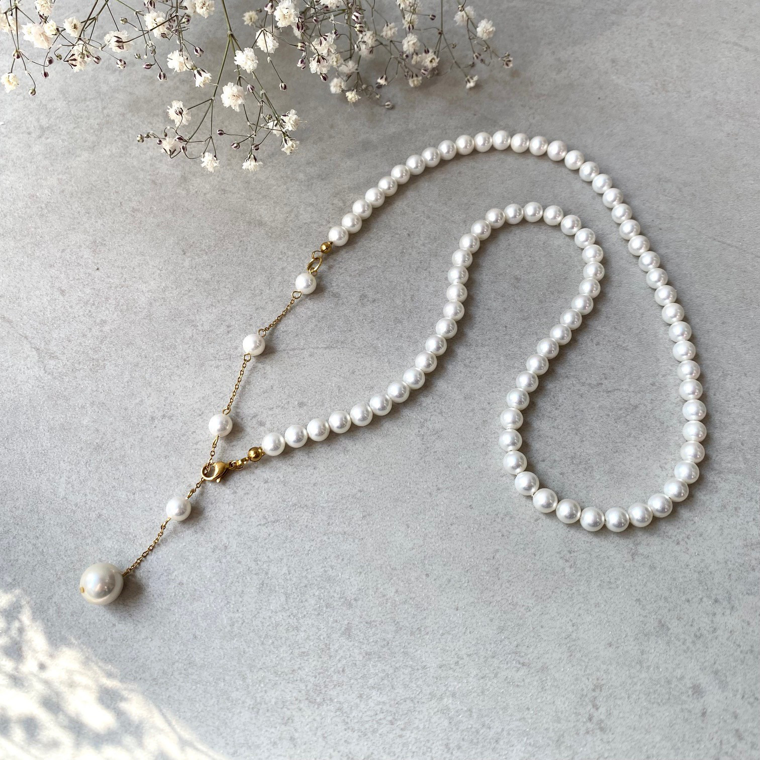 アレンジの効く国産貝パールのステーションネックレス/Y字ネックレス/サージカルステンレス