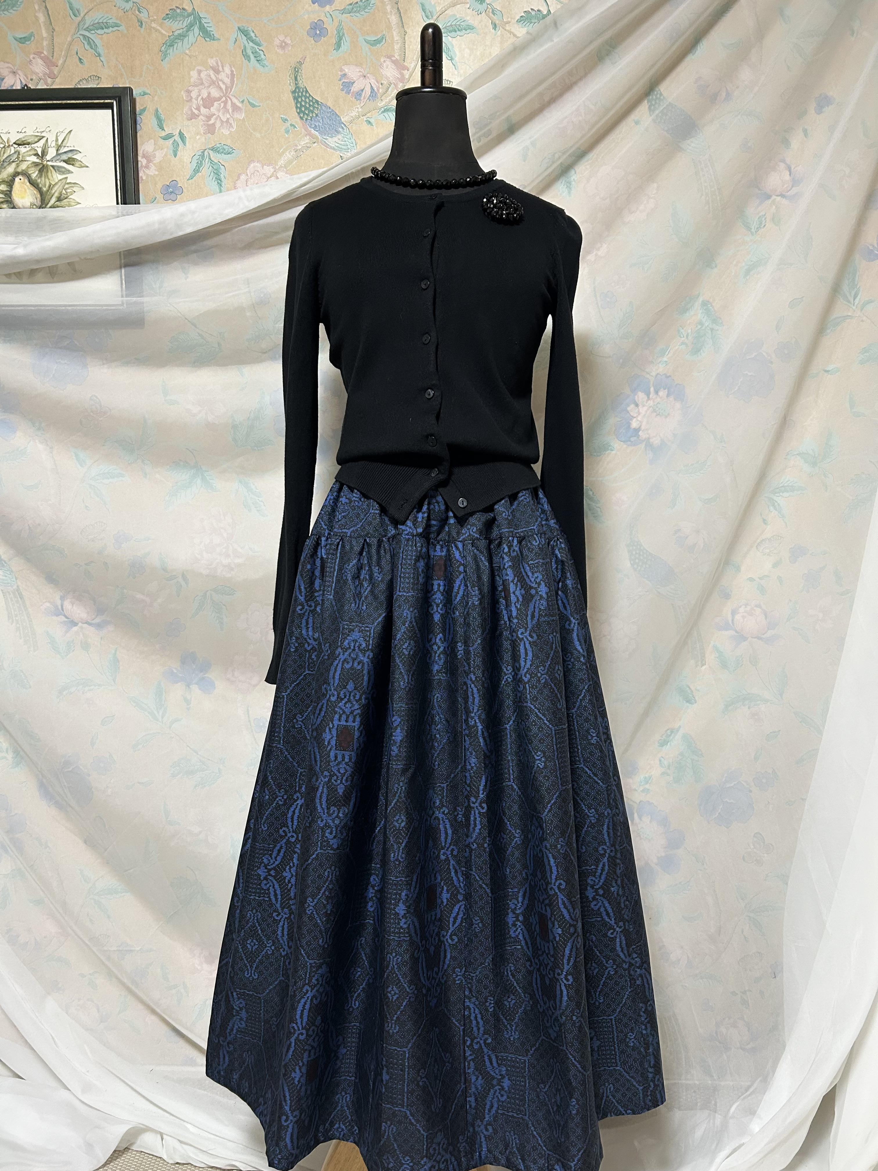 エキゾチックな紬　裏地付きギャザースカート　着物リメイク　ハンドメイド