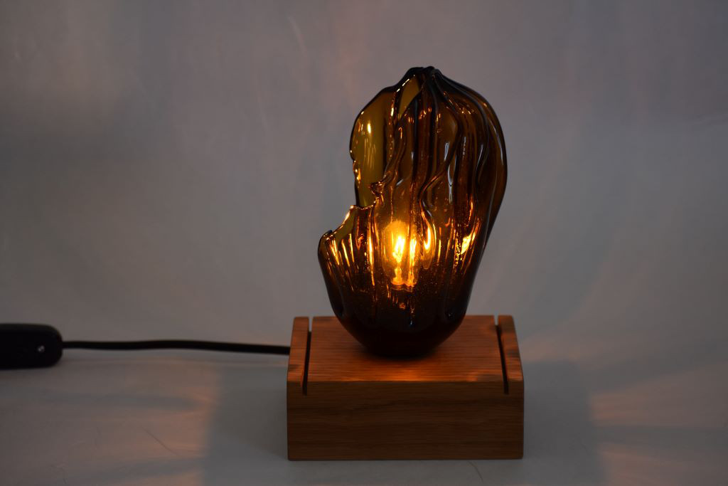★送料無料★吹きガラスランプ【木台　モールワレ　茶】
