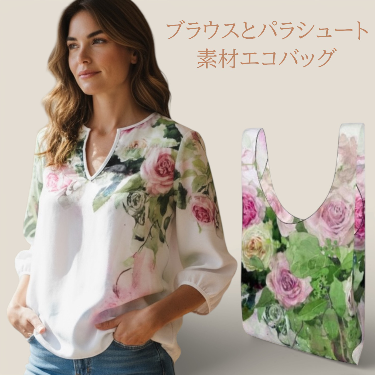 ご自愛福袋　XXS～7XL　シャビーシックピンク の七分袖ゆったりめブラウスとエコバッグ