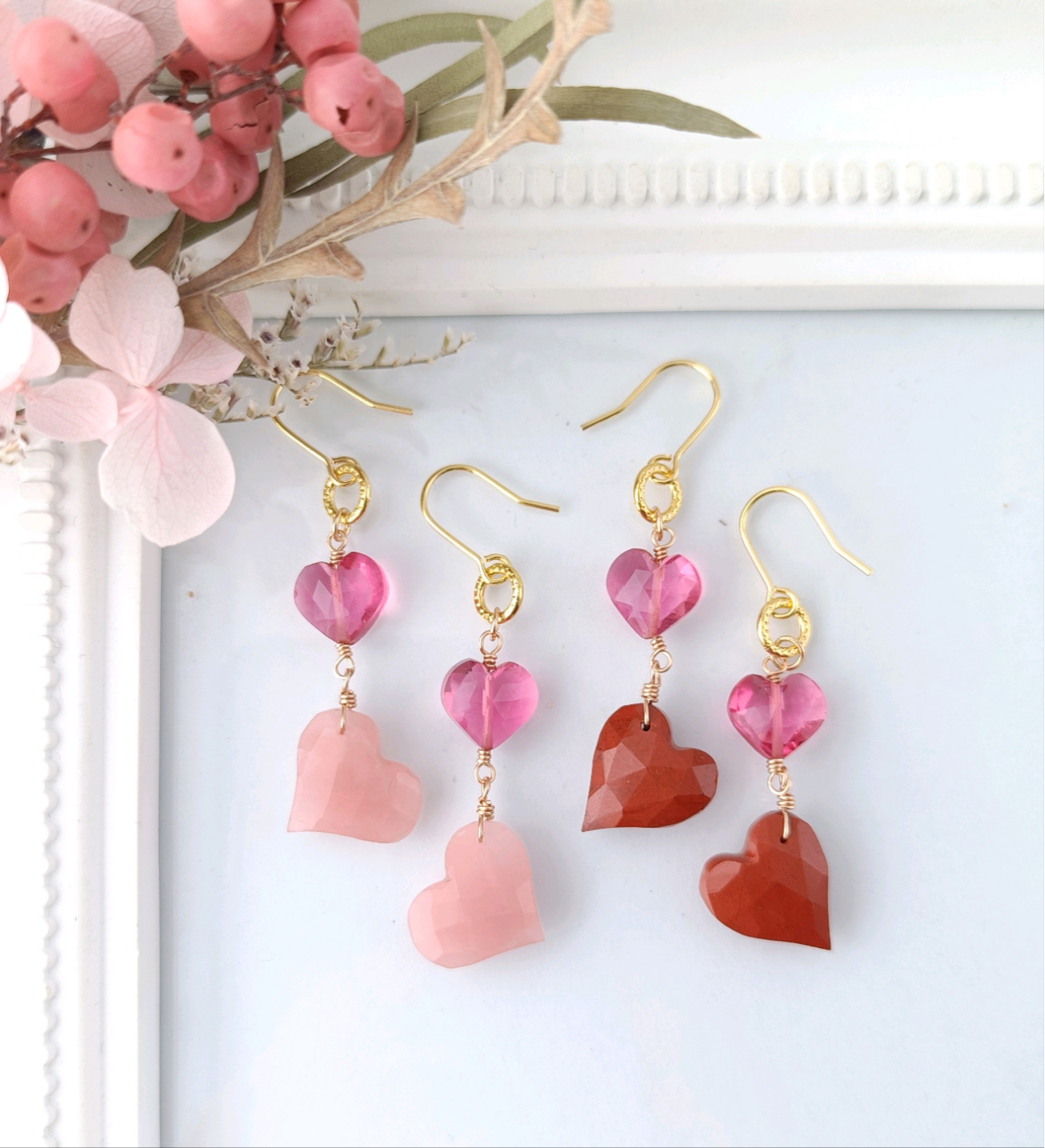 【ハート】 ❤グァバクォーツ  レッドジャスパー  耳飾り