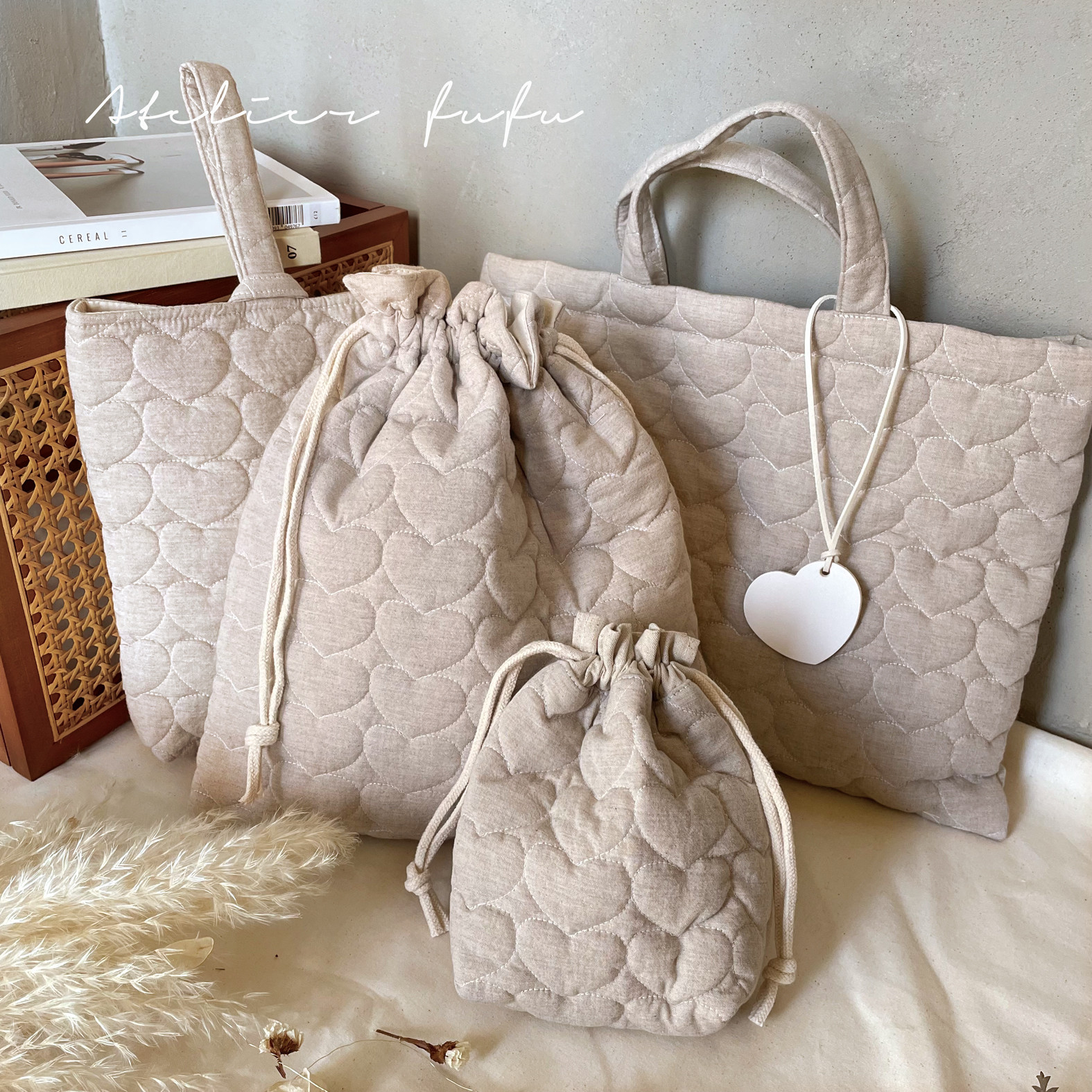 入園入学セット【ミルクティ】ハートキルティング　ナチュラル素材　レッスンバッグ　上履き袋　体操着袋　ぷっくり可愛い