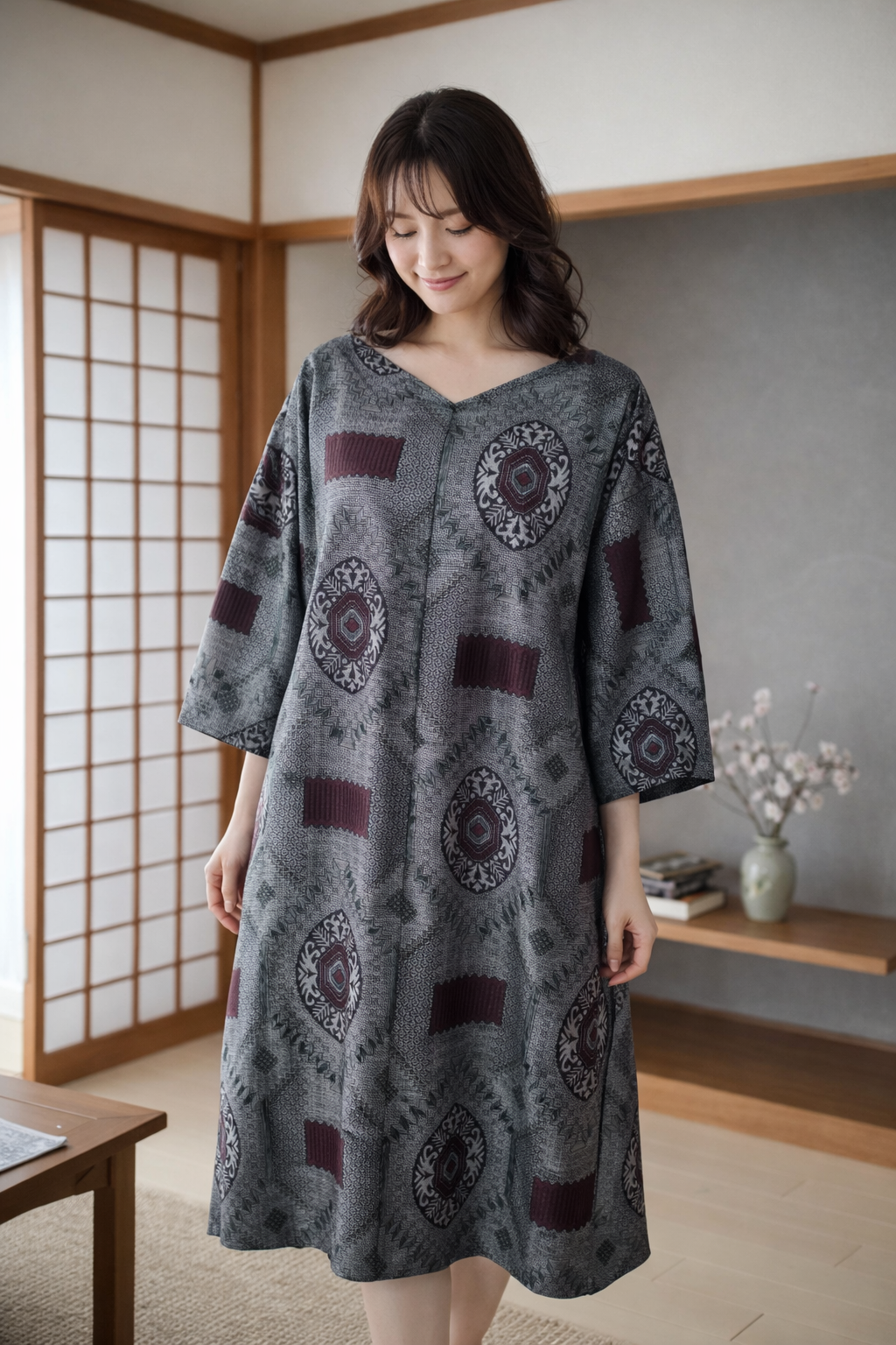 大島紬　着物リメイクワンピース　ゆったり　Ｌサイズ