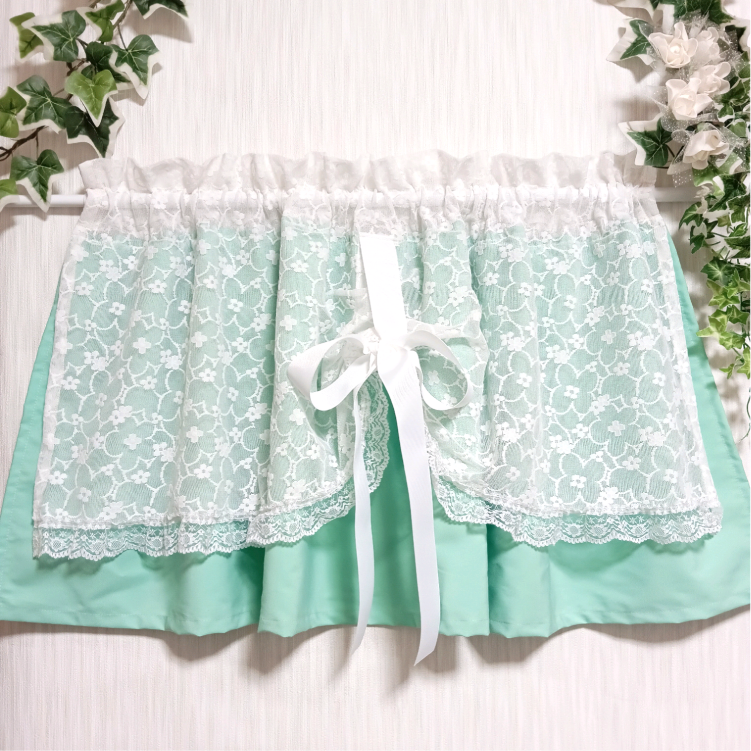 ゼリーさま特注品♡3枚仕立て♡カフェカーテン♡ミント♡コットン♡花柄レース♡リボン♡リバーシブル♡丈50×105cm