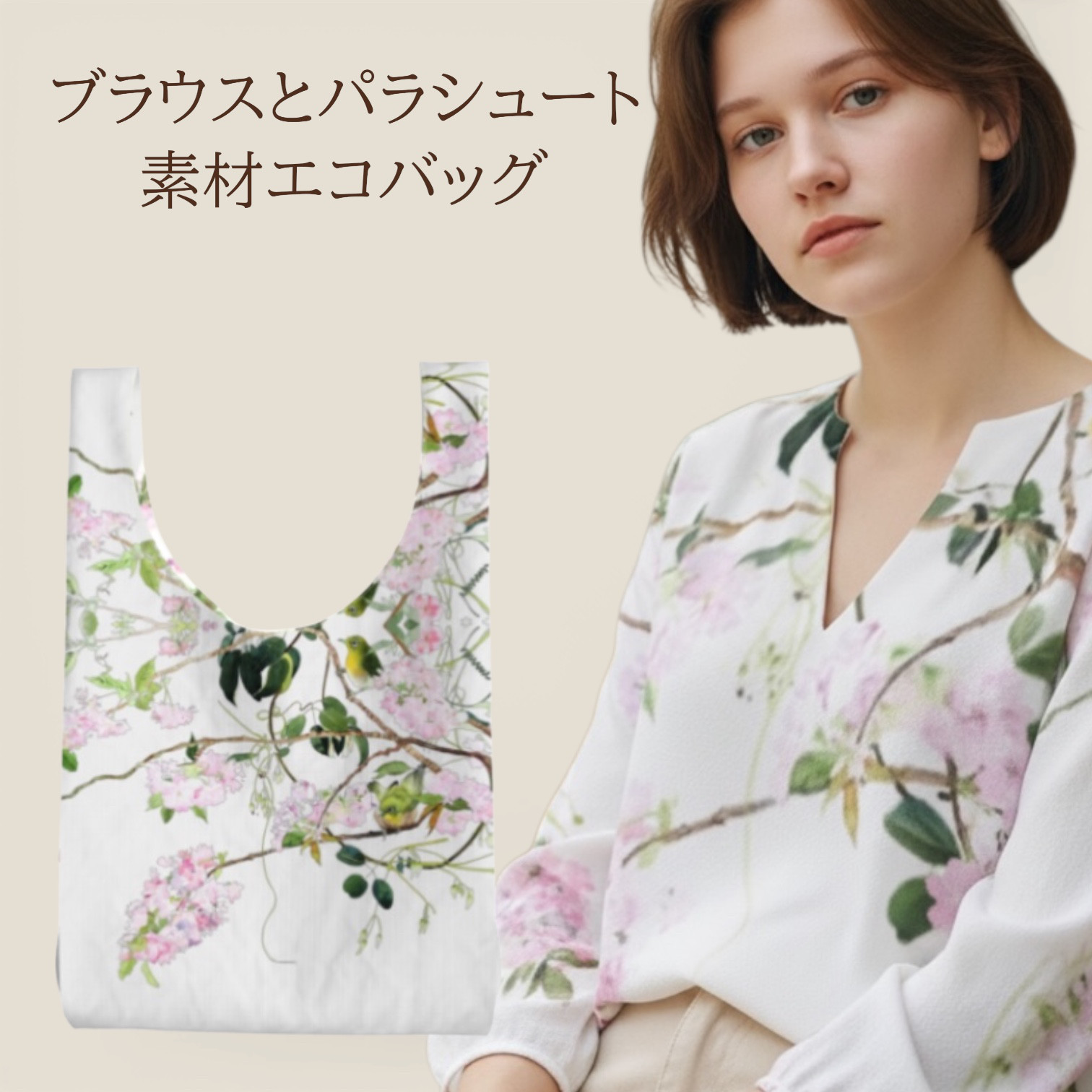 ご自愛福袋2026 XXS～7XL　八重桜とメジロ　フラワーブラウスとエコバッグ