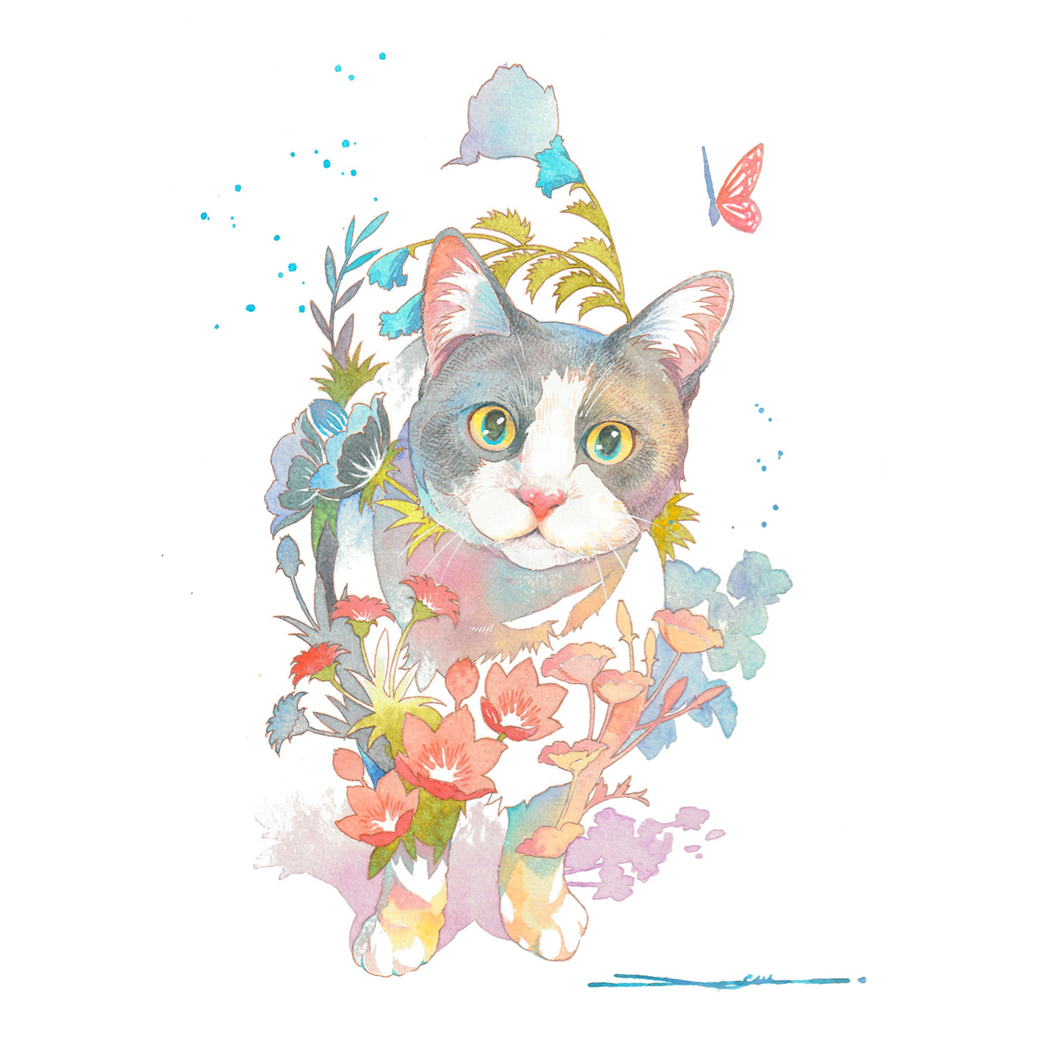 猫(仰)_水彩原画_イラスト
