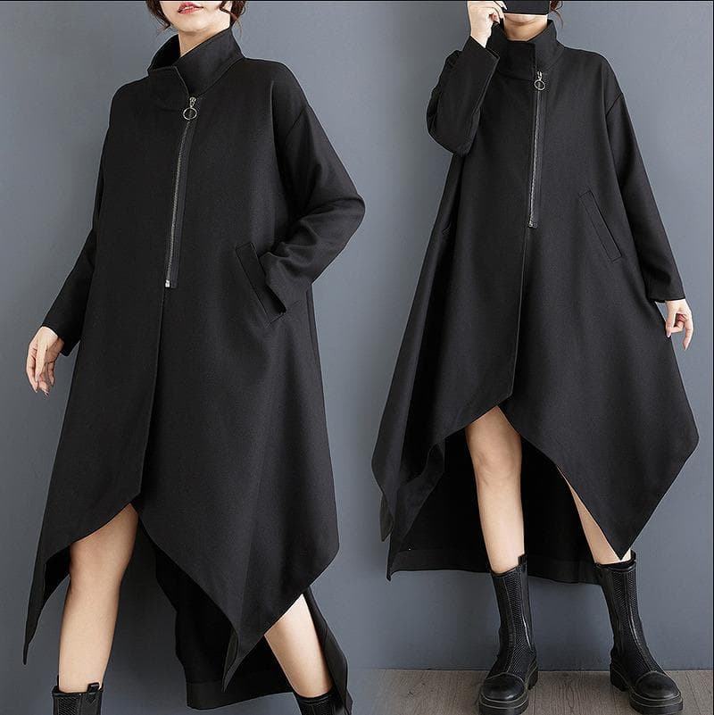 新品 大きいサイズ アシンメトリー ゆったり ジッパーコート秋冬長袖ブラック