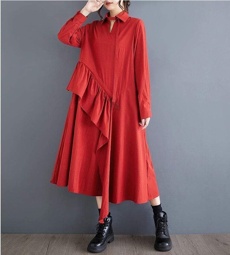 大きいサイズ レディース 秋冬　ワンピース　フリル　春 新品 長袖　赤　シャツ