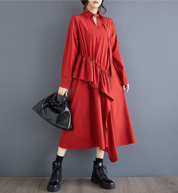 大きいサイズ レディース 秋冬　ワンピース　フリル　春 新品 長袖　赤　シャツ