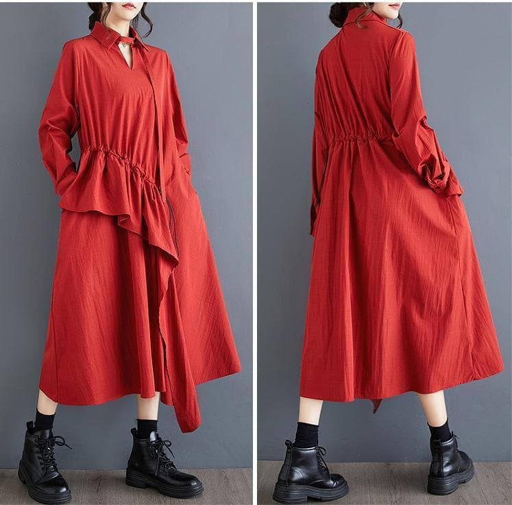大きいサイズ レディース 秋冬　ワンピース　フリル　春 新品 長袖　赤　シャツ