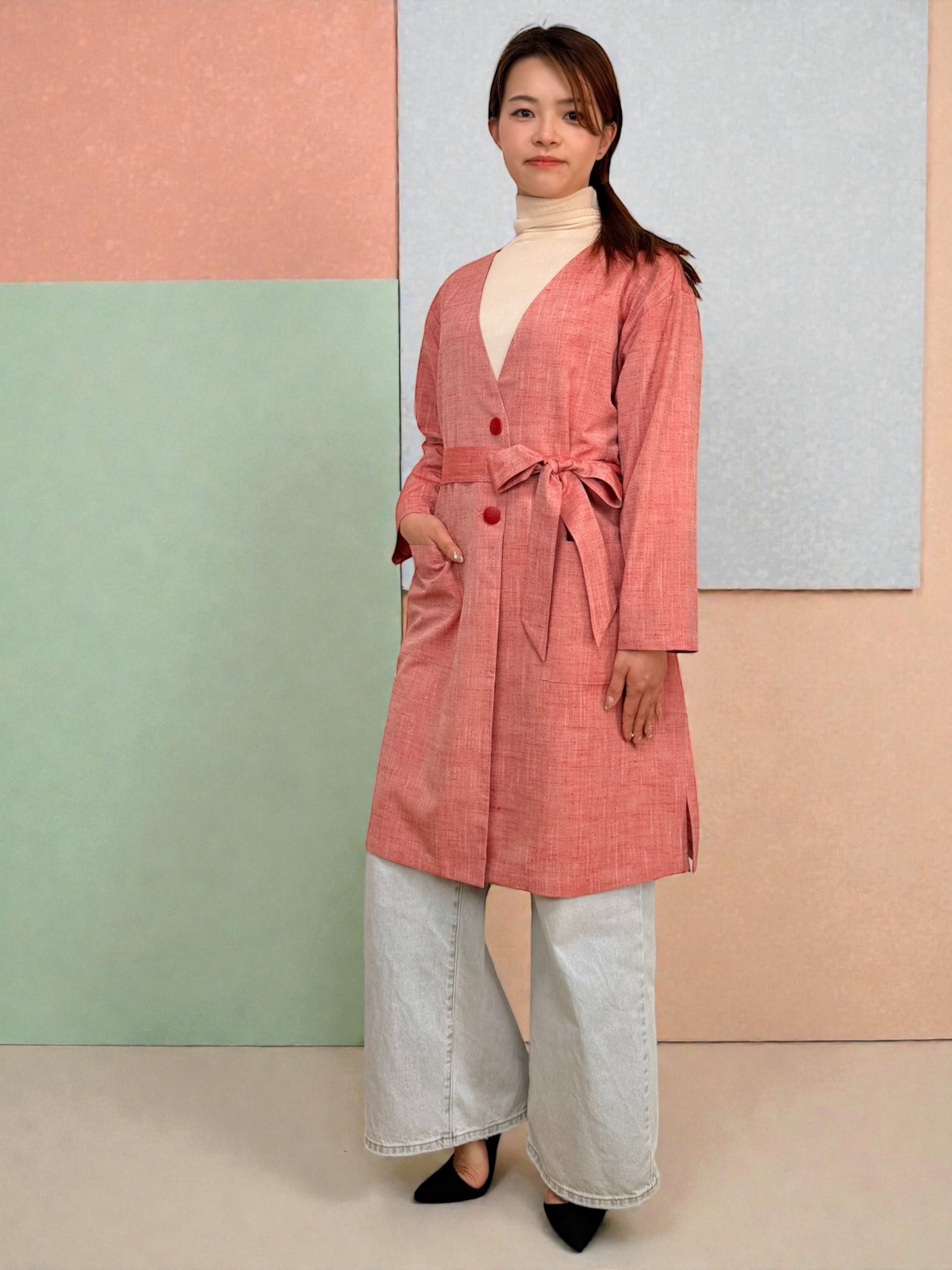 Vネックコート  Sサイズ  ロング丈  ポケット付き  紬  無地  腰紐リボン付き