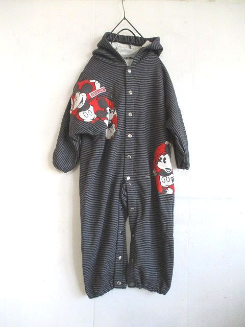 90～100サイズ　黒グレー細ボーダートレーナー裏毛生地　フード付カバーオール　　男女兼用　1点物