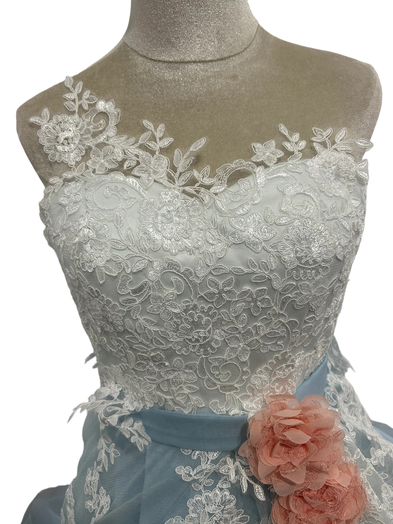 カラードレス オーガンジー  ラッフルフリル 爽やかで優しいブルー 流れる透け花レース 結婚式 エレガント