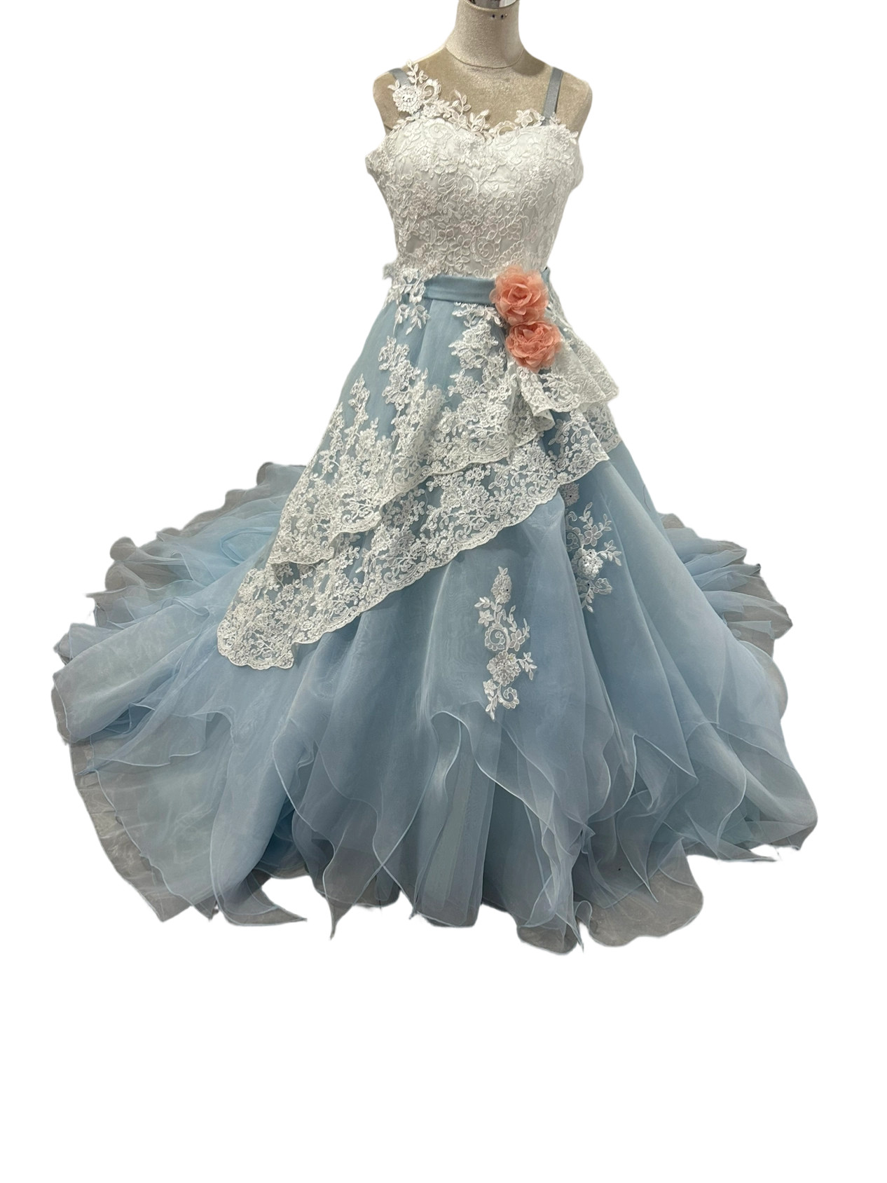 カラードレス オーガンジー  ラッフルフリル 爽やかで優しいブルー 流れる透け花レース 結婚式 エレガント