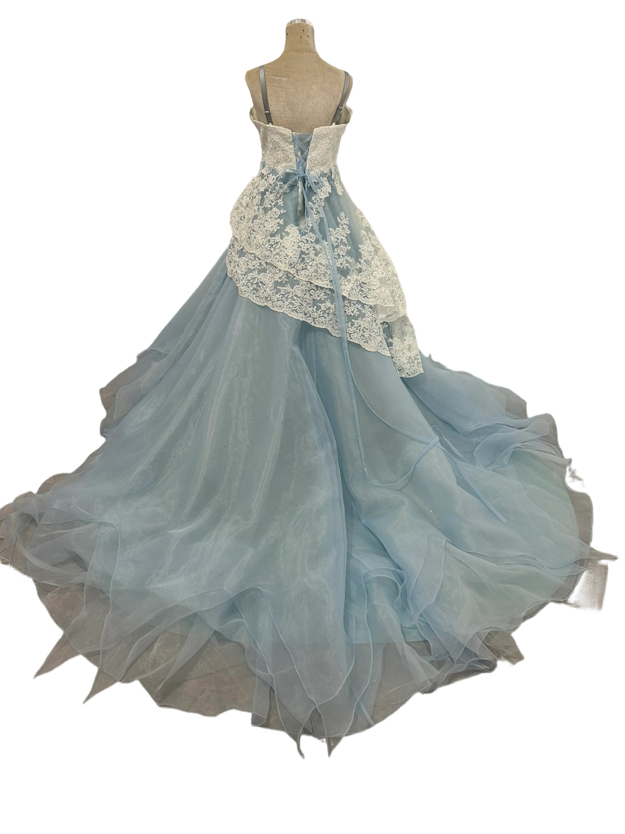 カラードレス オーガンジー  ラッフルフリル 爽やかで優しいブルー 流れる透け花レース 結婚式 エレガント