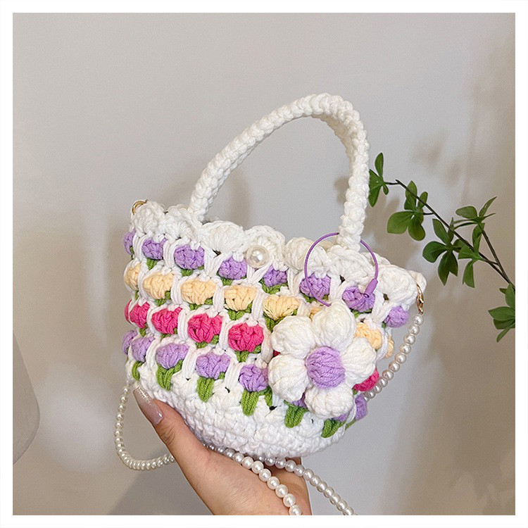 手編み フラワーモチーフ ミニバッグ｜3way（手提・肩掛け・斜めがけ）｜大人可愛い｜一点物｜選べる〇カラー