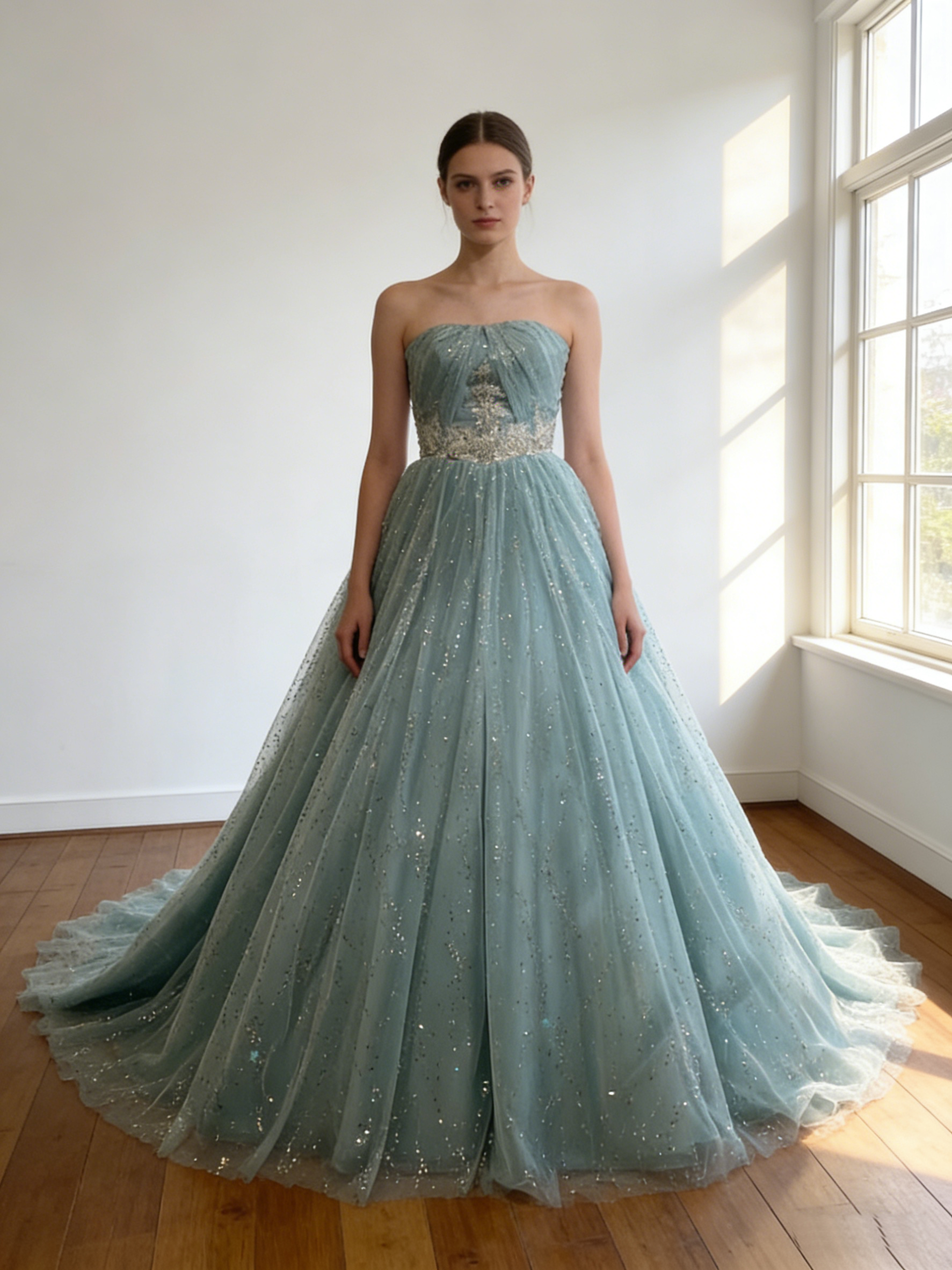 カラードレス 薄青 シークインチュール  スリット  編み上げ  ビスチェドレス  華やかなトレーン  花嫁 前撮り