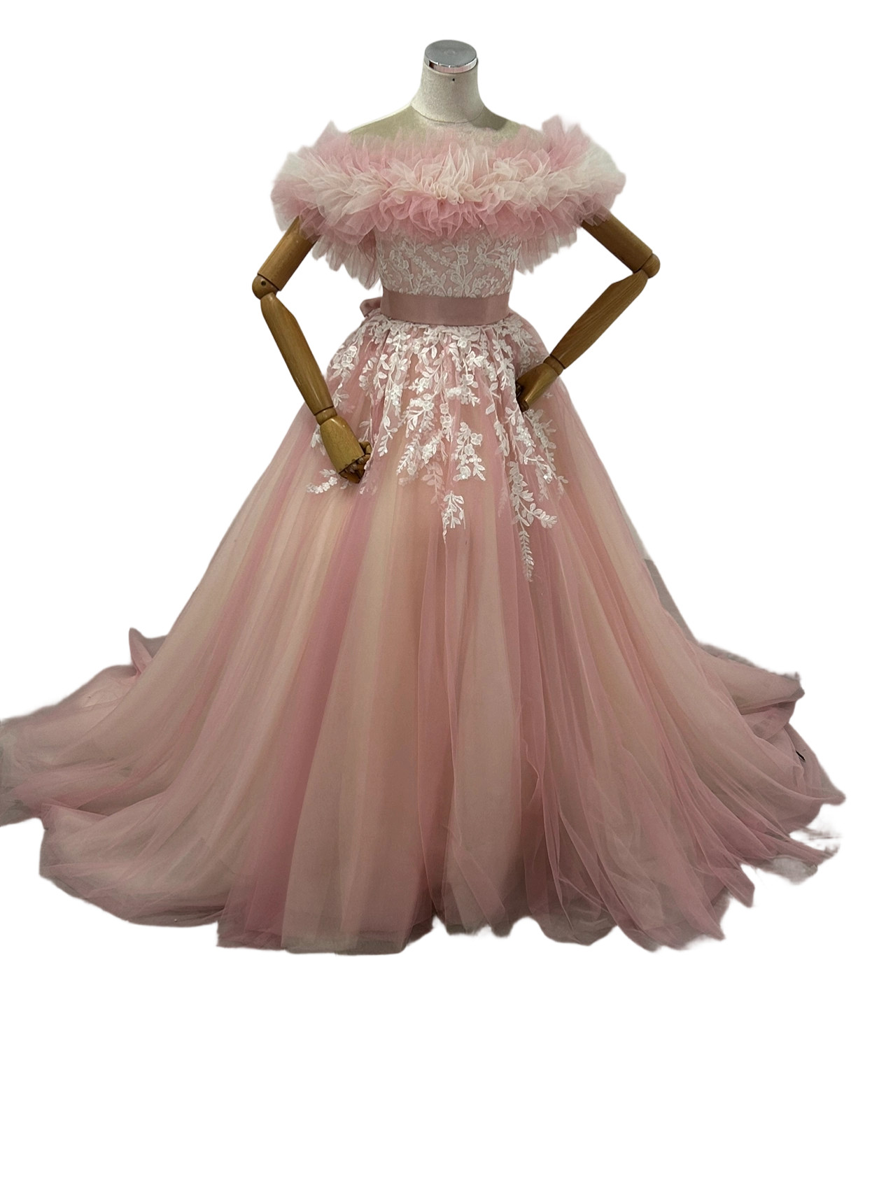 カラードレス 取り外し可能なオフショルダー 薄ピンク 編み上げ  サッシュベルト リーフ刺繍 結婚式 憧れのドレス