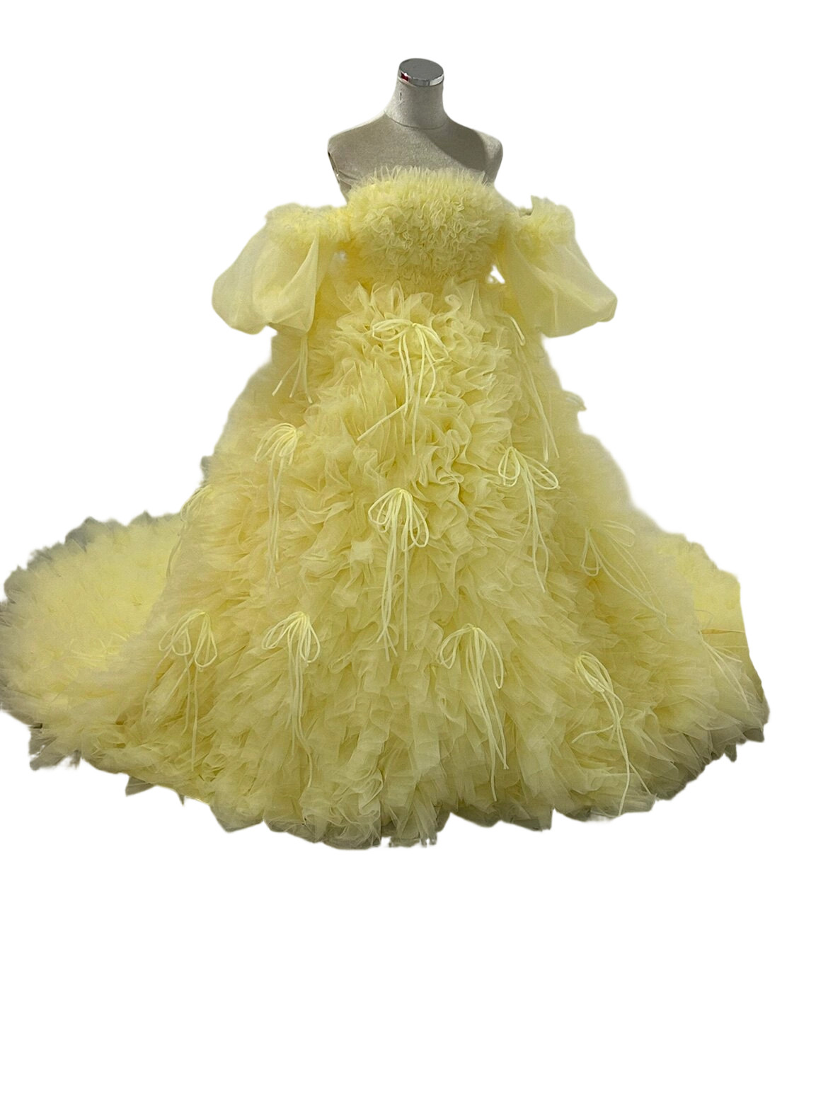 カラードレス バルーンスリーブ イエロー ボリュームドレス  もこもこドレス リボン  肩出し  プリンセスライン