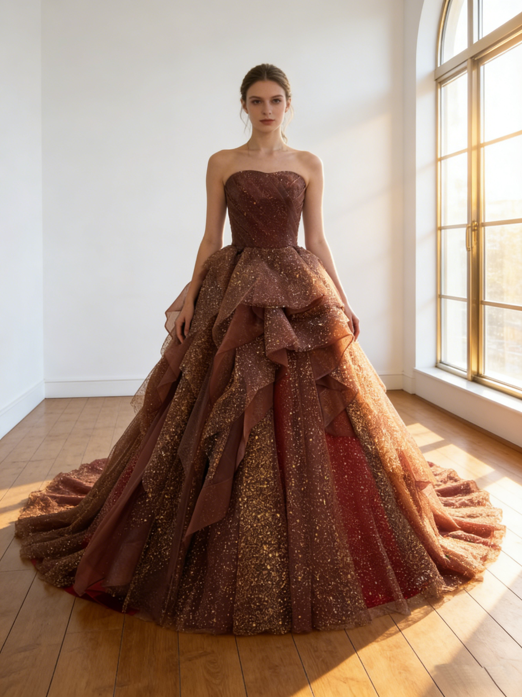 カラードレス ブラウン  赤 2色シークインチュール  アシンメトリー風  ビスチェドレス  華やかなトレーン 花嫁