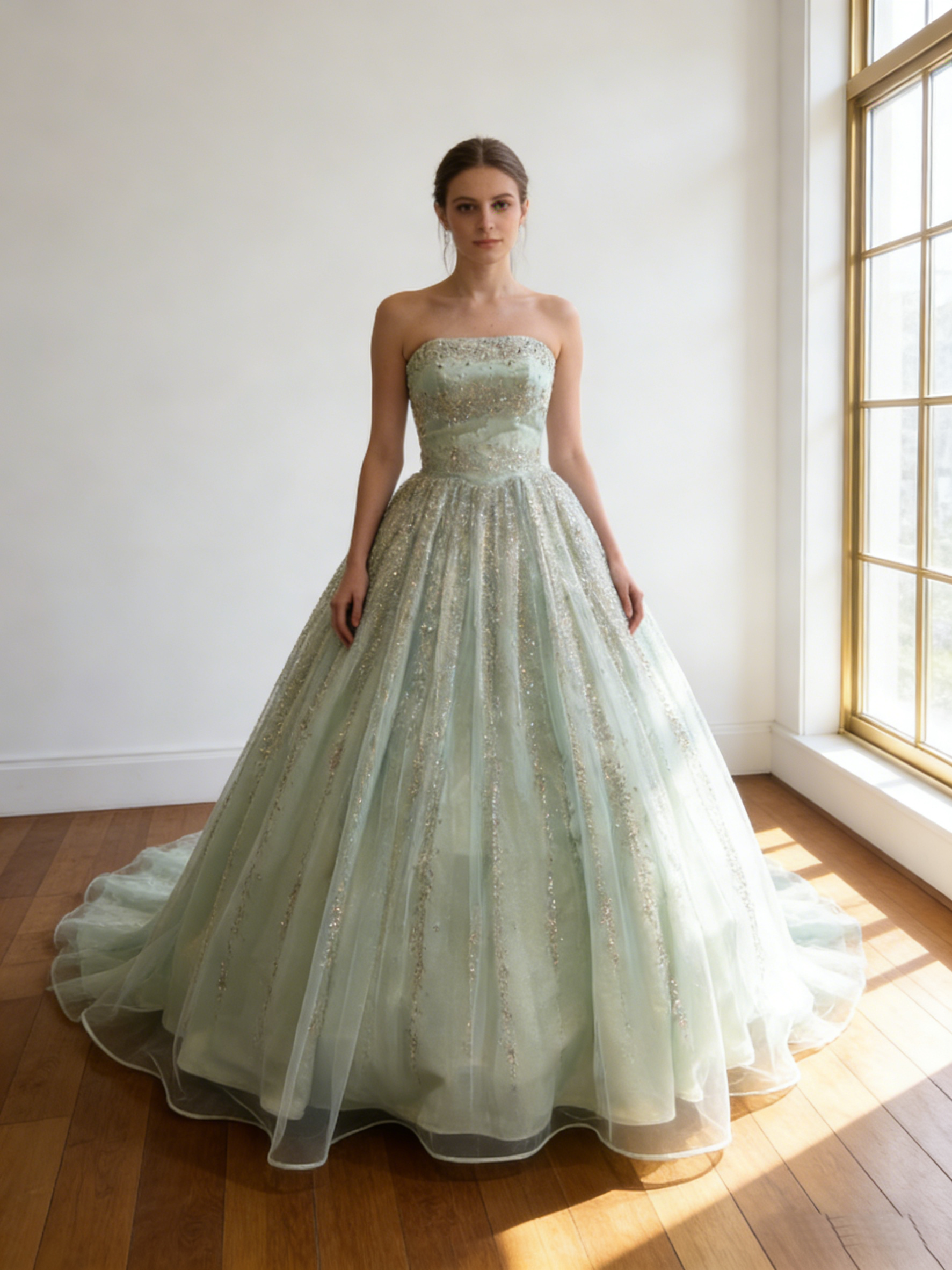 カラードレス ビスチェドレス ミントグリーンドレス  キラキラ光る刺繍  ロングトレーン  花嫁 前撮り