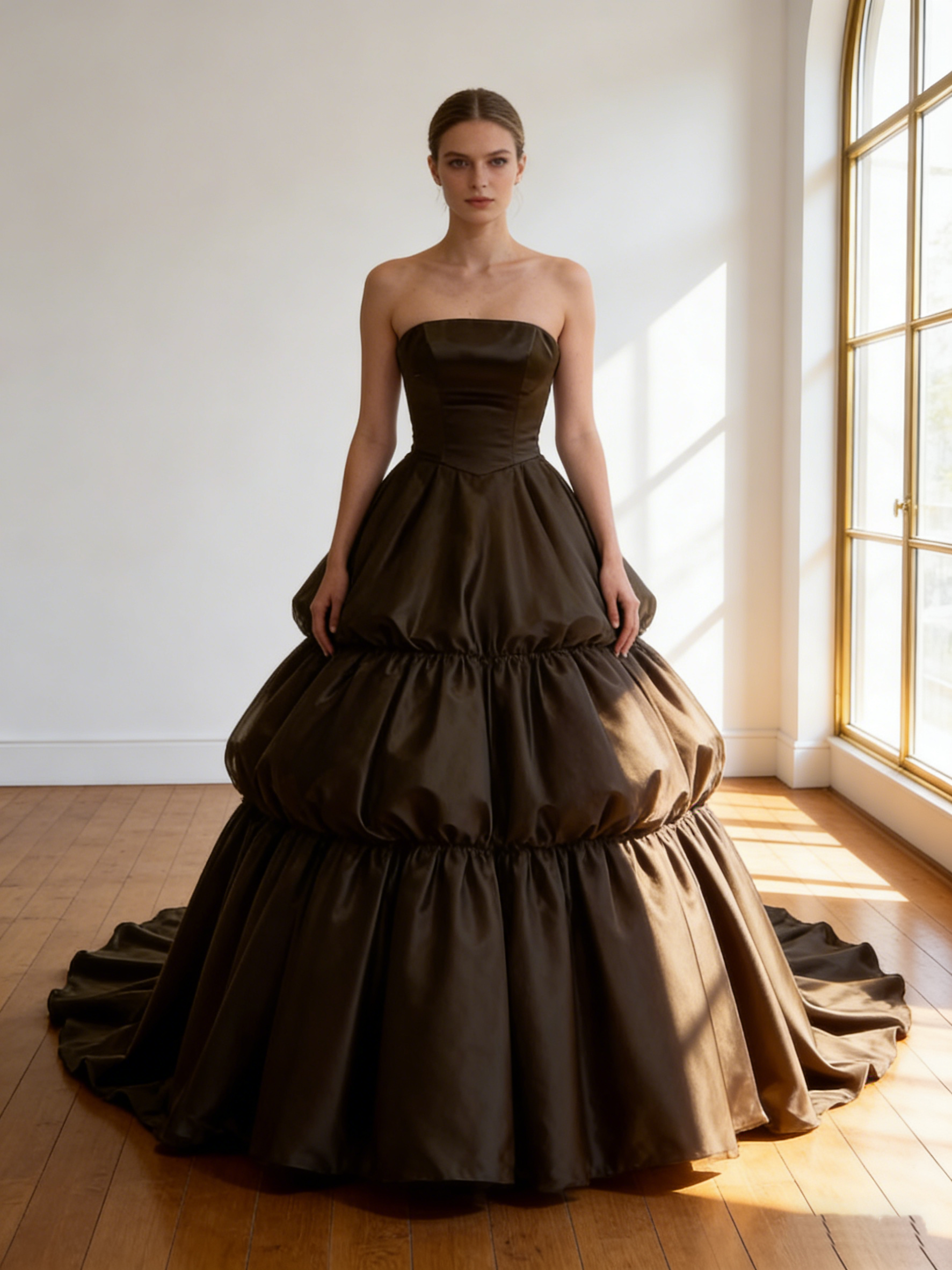 カラードレス ブラウン 光沢サテン  レイヤードドレス  ビスチェドレス  華やかなトレーン  編み上げ  結婚式