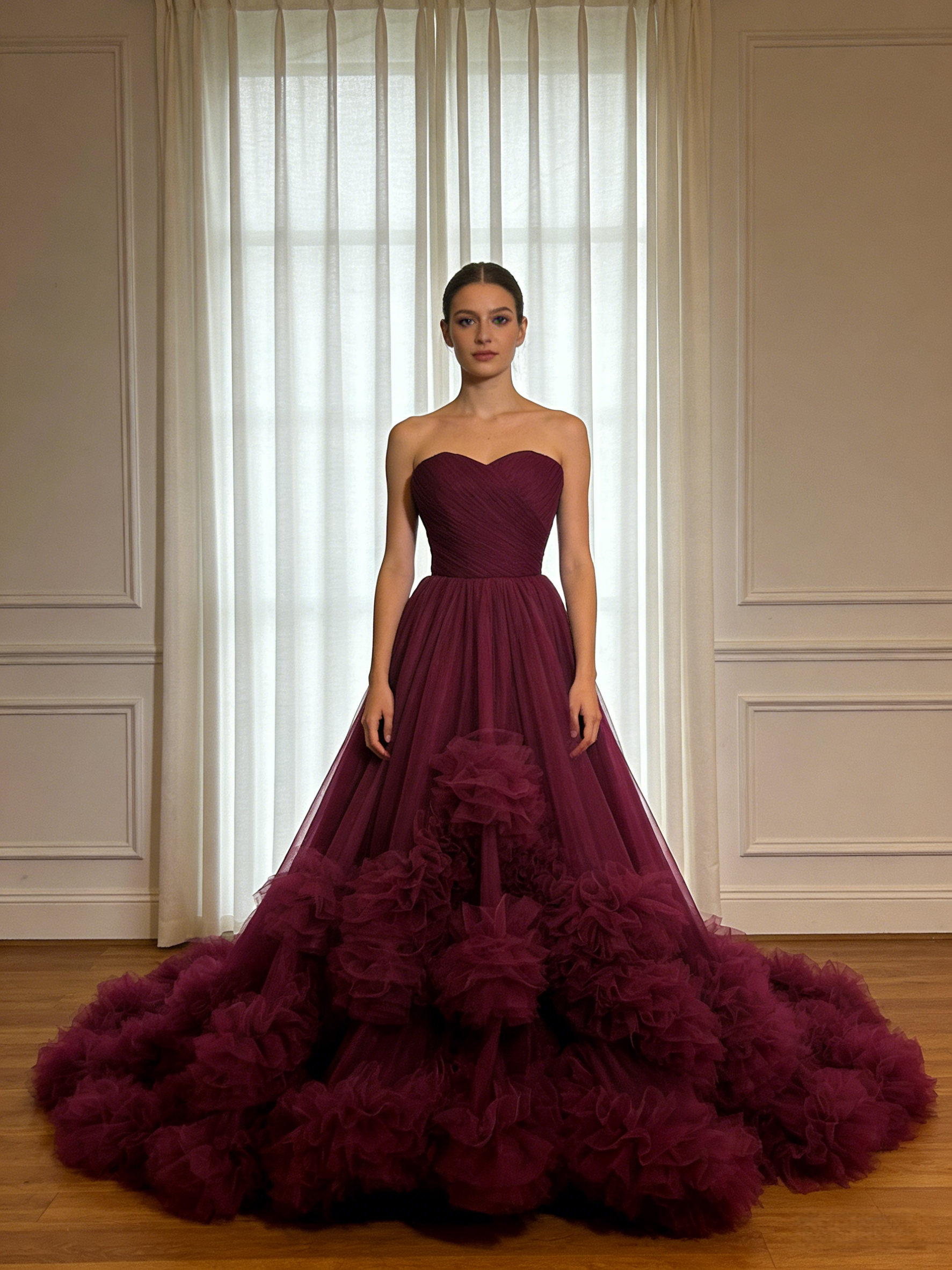 豪華！カラードレス ビビッドピンク ベアトップ ラッフルフリル 華やかなトレーン チュールスカート 花嫁