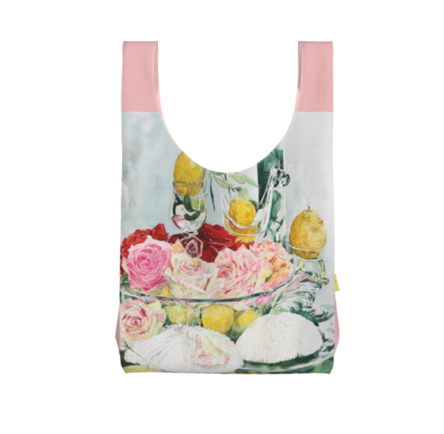 雨の日も安心で丈夫な防水パラシュート生地　薔薇とレモンのエコバック