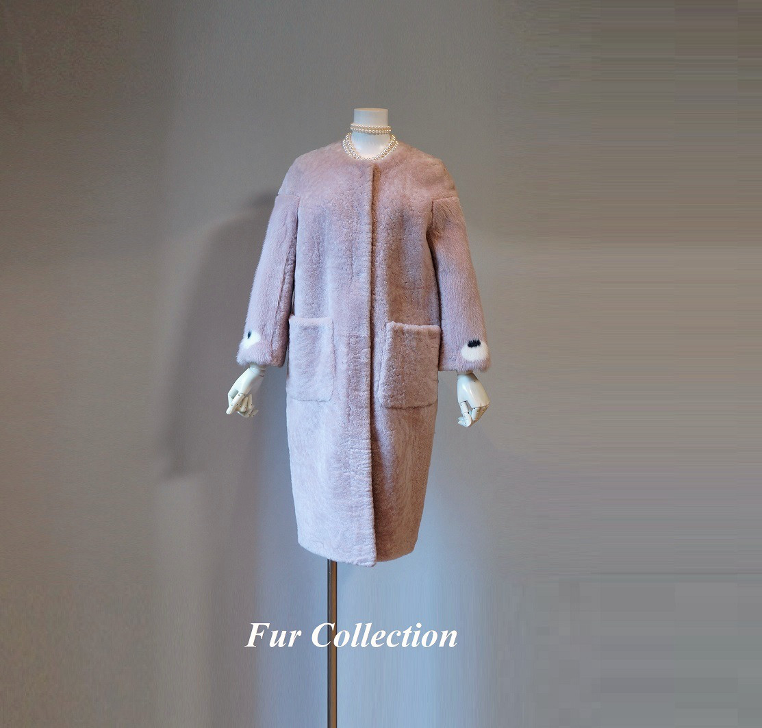 やりすぎない洒落感を演出☆リッチなミンクファー袖　ピンクの防寒コート新品処分 シンプルコートリッチカジュアル大人リッチ