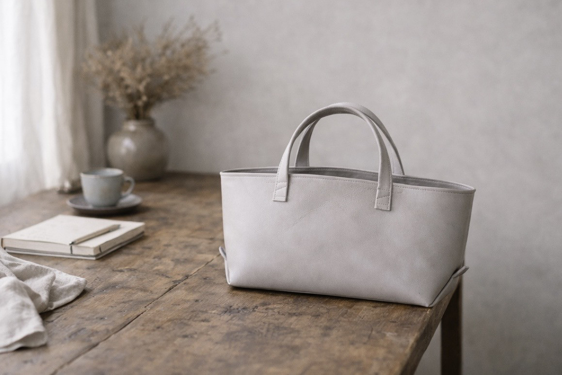 本革 スモールフィールドバッグ／ライトグレージュ — 白とグレーのあいだにある、静かでやわらかなニュアンスのレザートート 7,031円